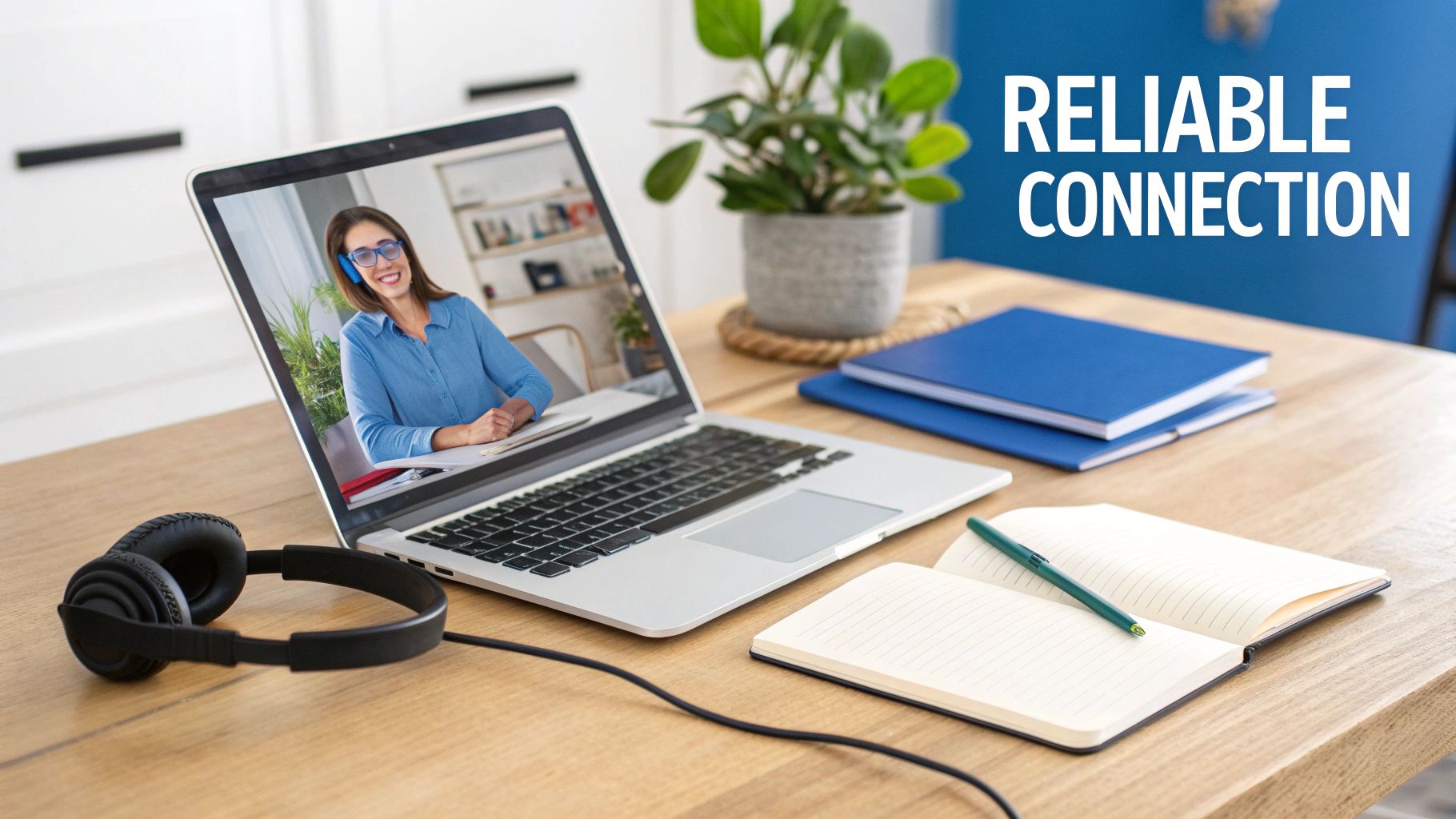 Woman on laptop screen during video call with headphones and notebook on wooden desk