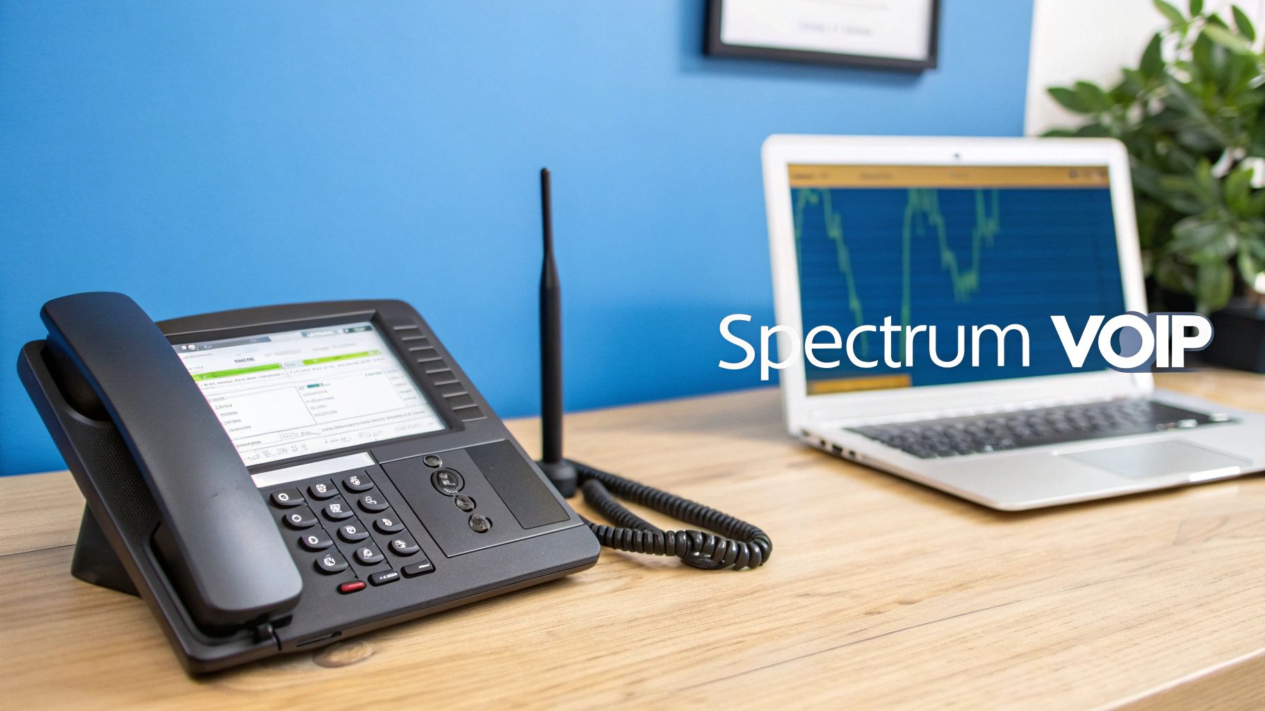 A modern office desk setup with a black VoIP phone, antenna, and laptop displaying data, branded 'Spectrum VOIP'.