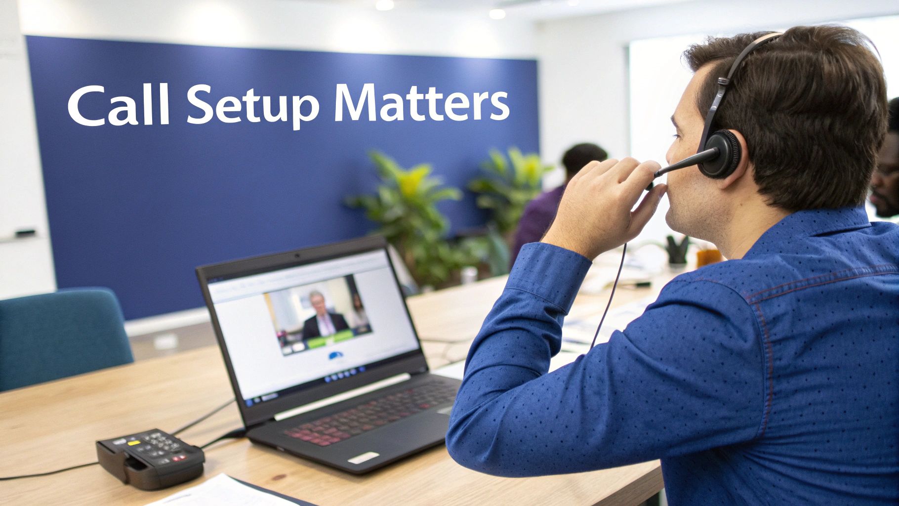 A man wearing a headset engages in a video conference call on his laptop in an office setting.