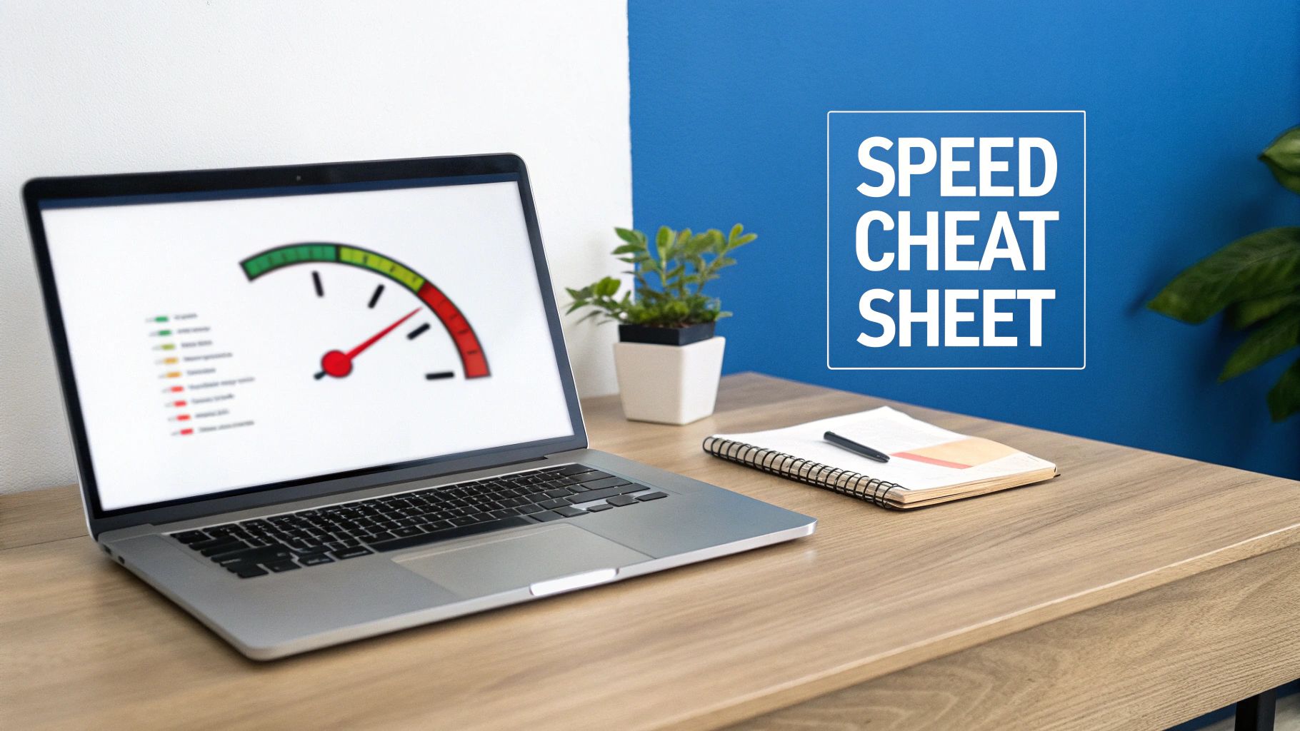 Laptop displaying a fast internet speed gauge and 'SPEED CHEAT SHEET' text on a blue wall.