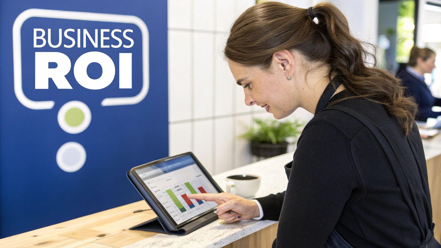 A smiling woman reviews business ROI data on a tablet, with a 'BUSINESS ROI' banner.