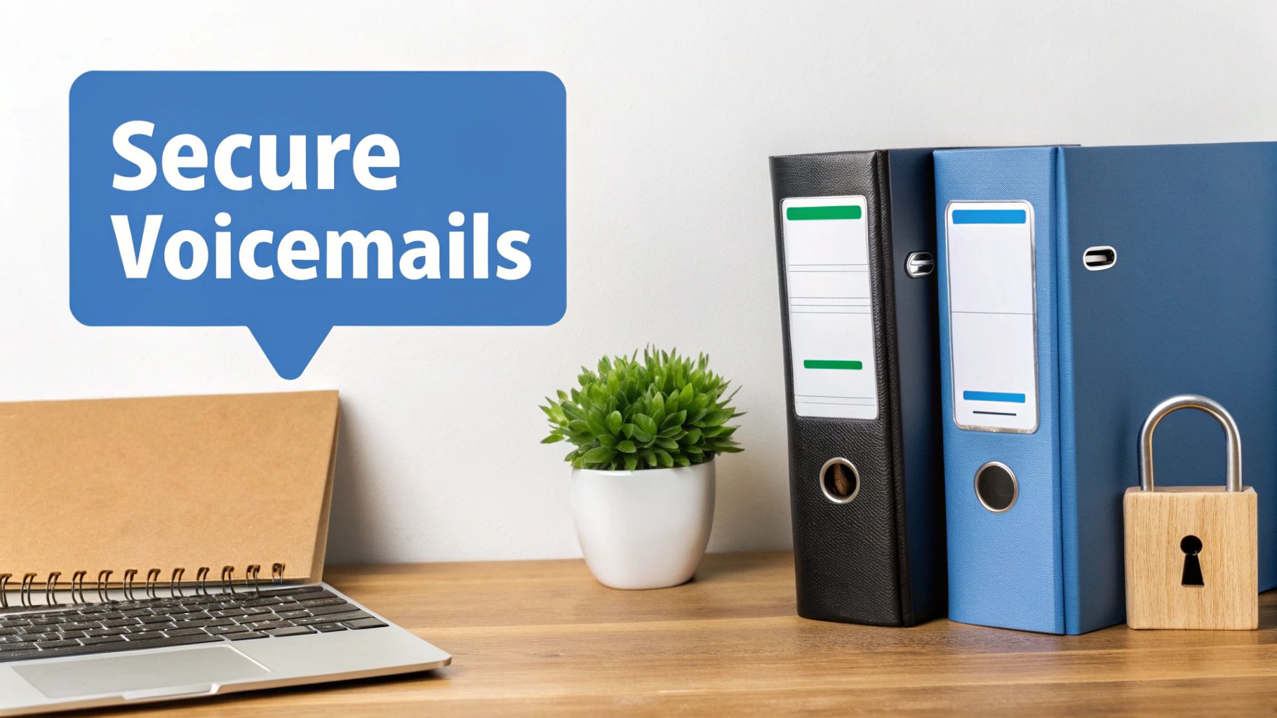 A desk with a laptop, binders, a plant, and a padlock, with a speech bubble reading 'Secure Voicemails'.