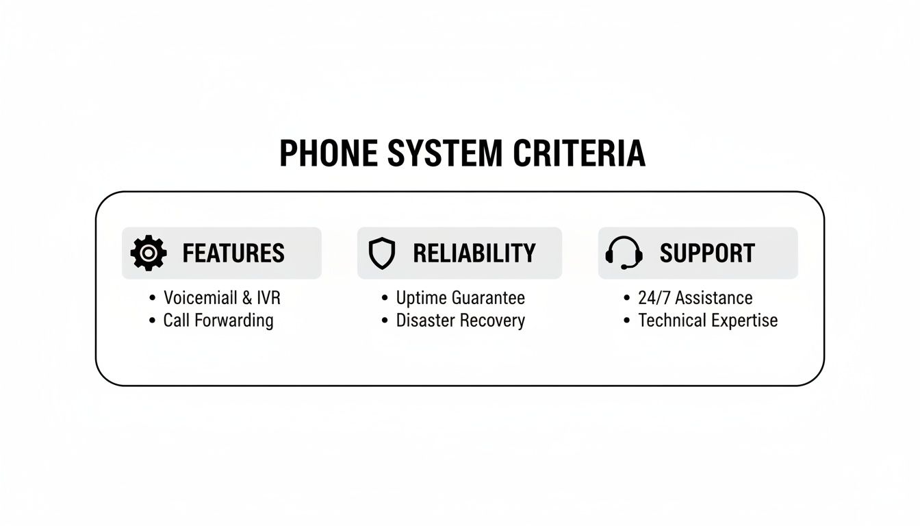 Checklist of phone system criteria: features, reliability, and support for business evaluation.