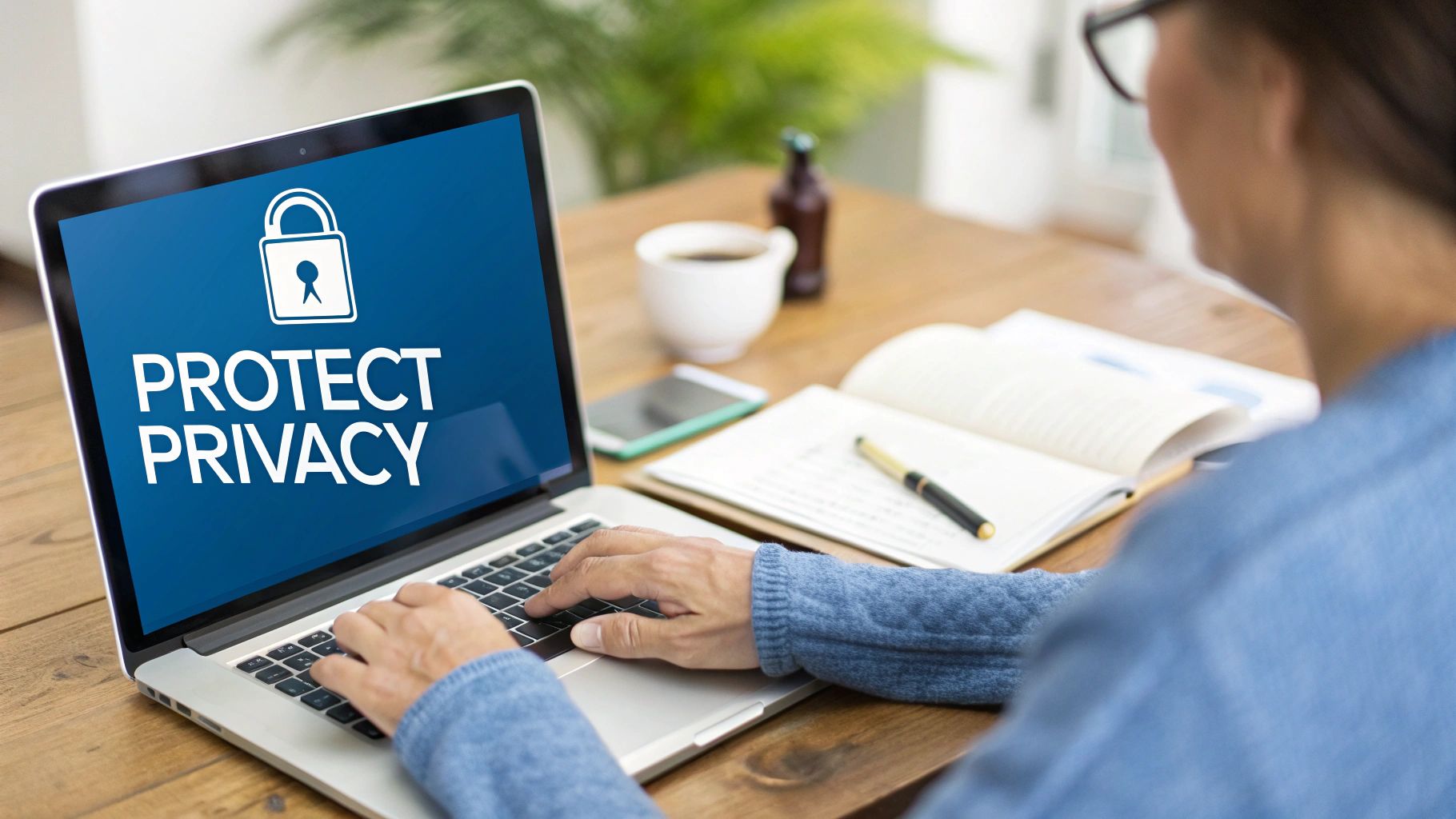 Person typing on a laptop displaying 'PROTECT PRIVACY' with a lock icon, highlighting data security.