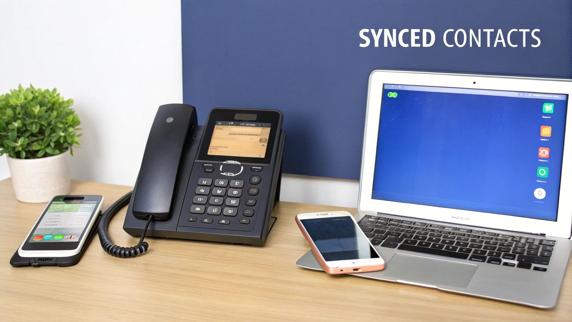 An office desk setup with a VoIP phone, two smartphones, and a laptop showing synced contacts.