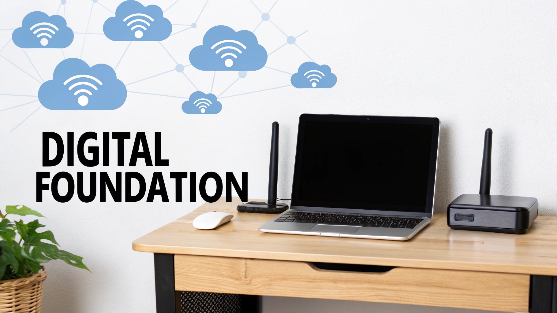 An abstract image showing interconnected digital nodes and data streams, representing a business's network foundation.