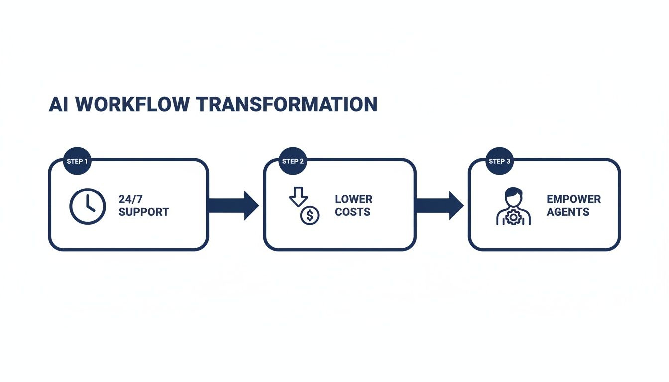 A diagram illustrating AI workflow transformation: 24/7 support, lower costs, and empowered agents.
