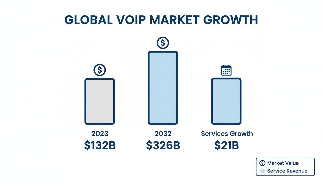 A bar chart illustrating global VoIP market growth, showing market values for 2023 and 2032, and services growth.
