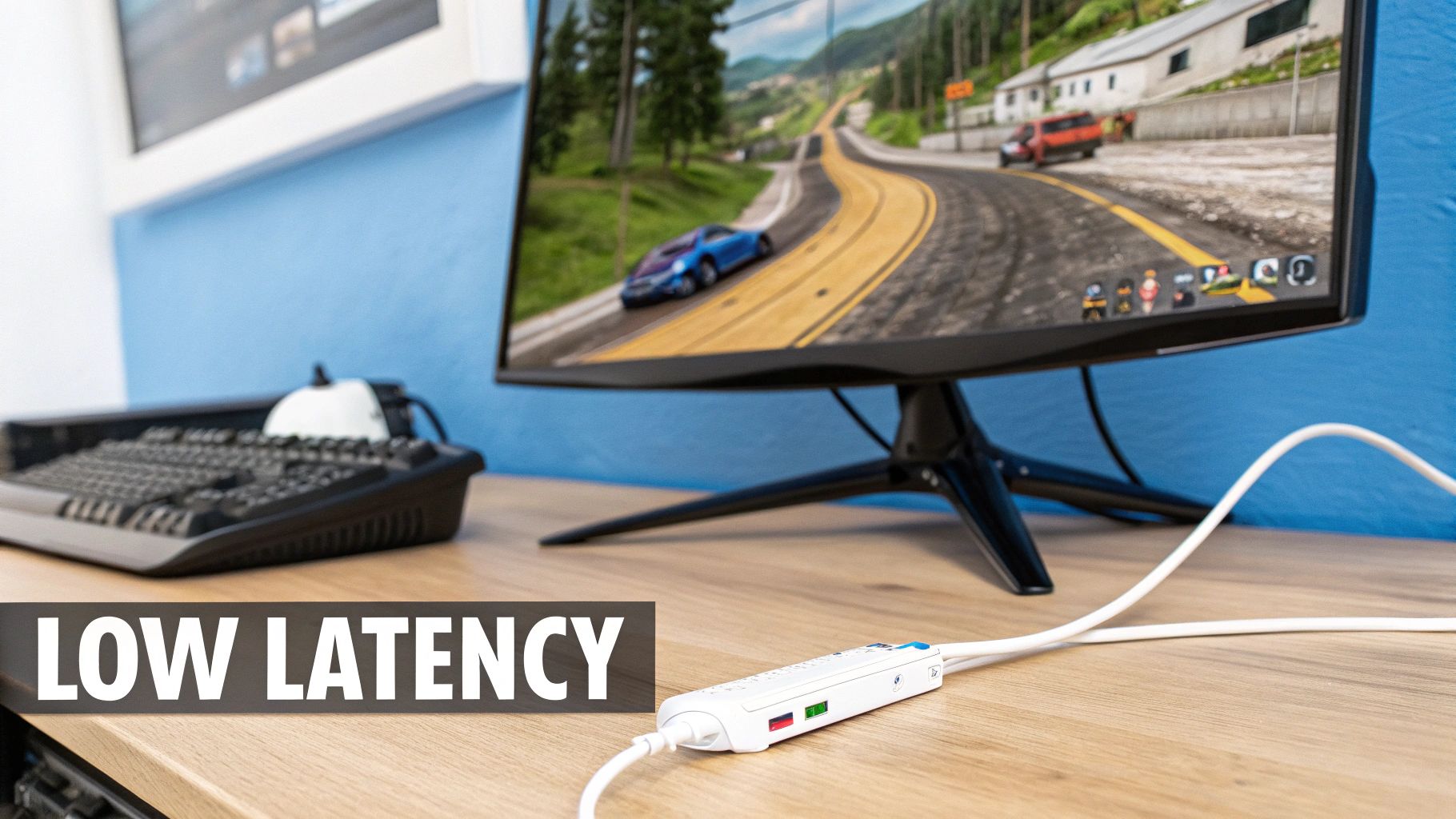 Gaming monitor displaying racing game with low latency USB adapter on wooden desk