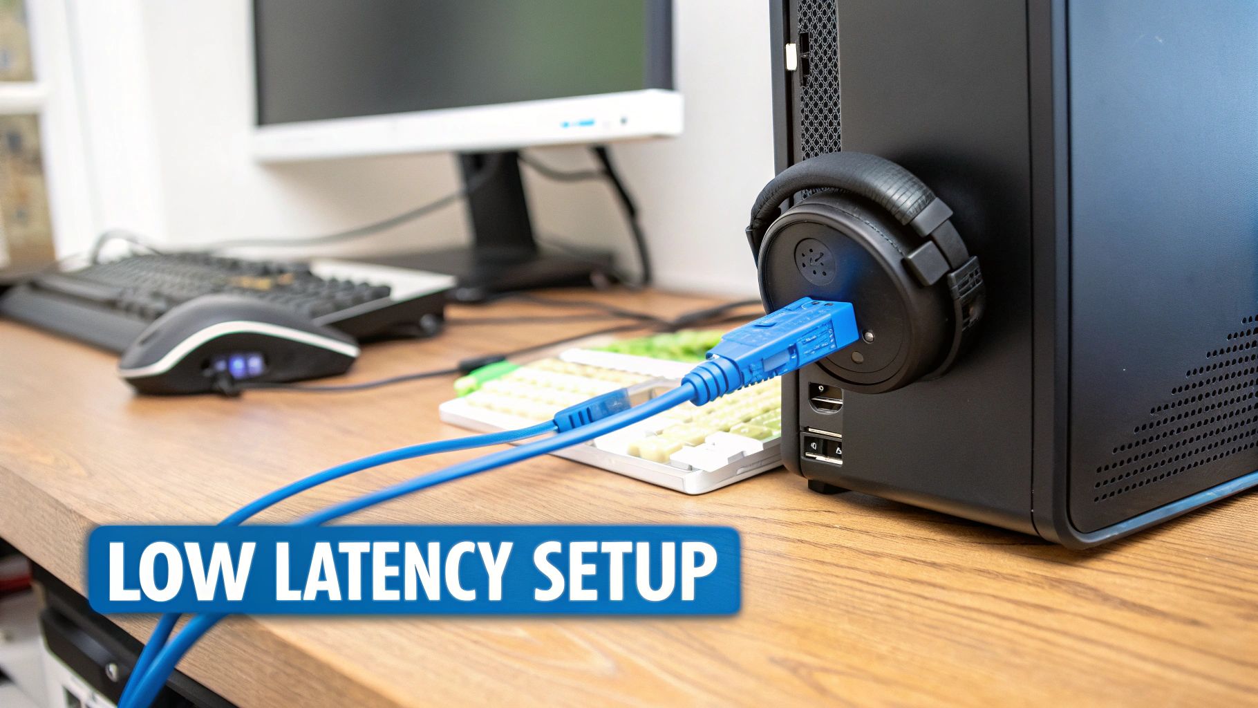 Gaming headset connected with blue ethernet cable to computer tower for low latency gaming setup