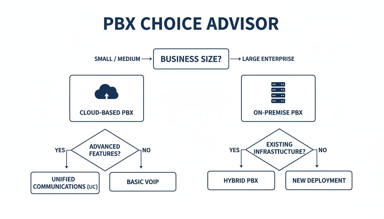 A decision flowchart for choosing a PBX system, considering business size, advanced features, and existing infrastructure.