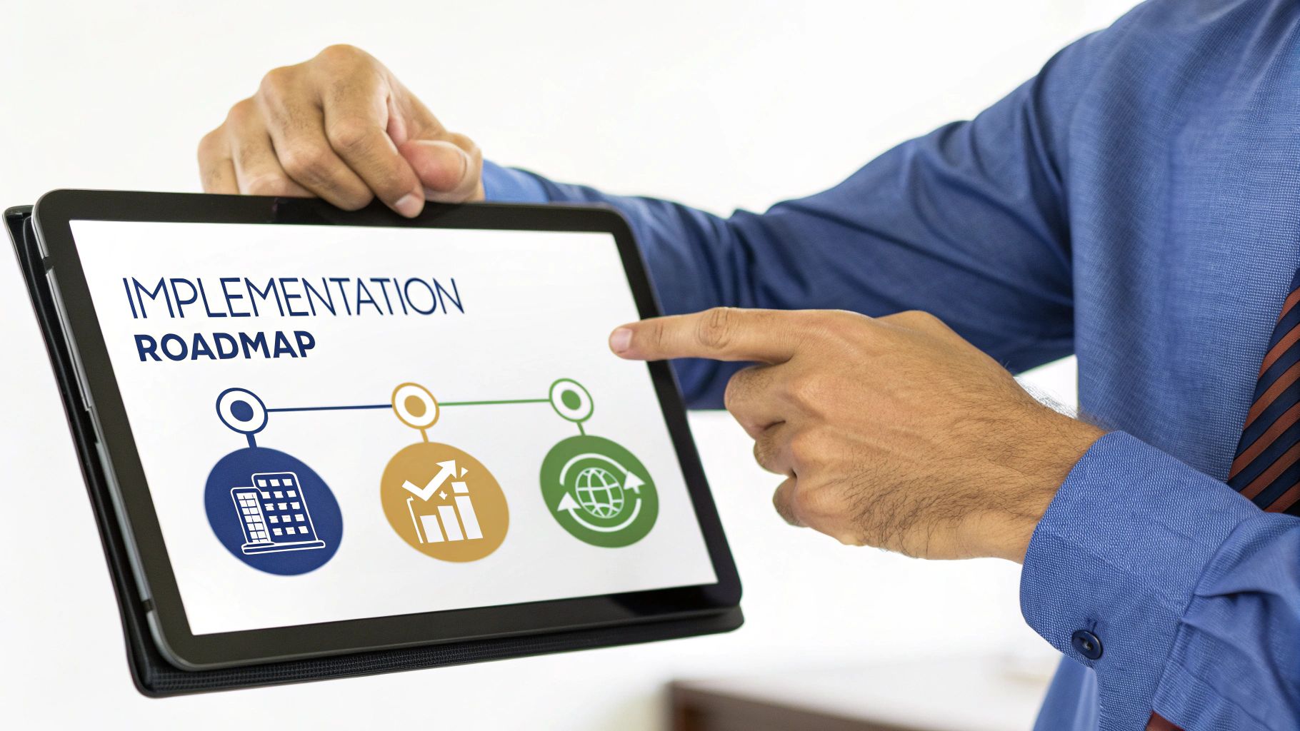 A person holds a tablet displaying an 'Implementation Roadmap' with icons for strategy, growth, and global reach.