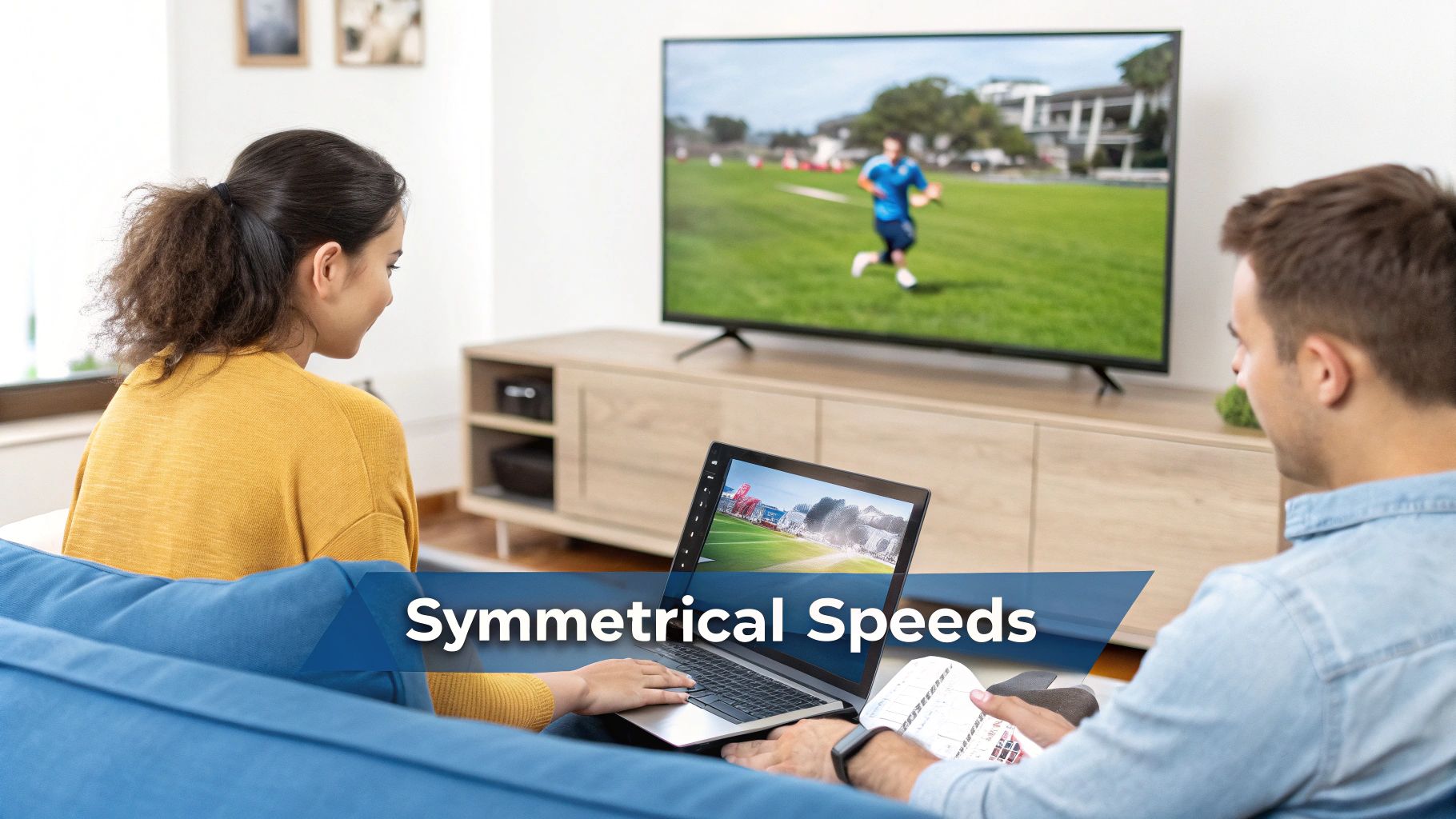 A couple on a couch, watching TV and using a laptop with 'Symmetrical Speeds' text.