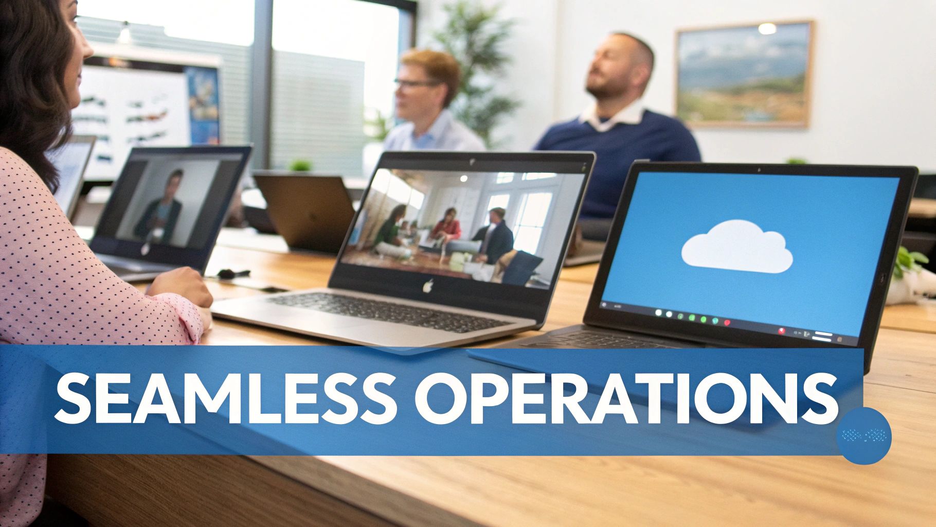 People in an office using laptops for video calls and cloud services, showcasing seamless operations.