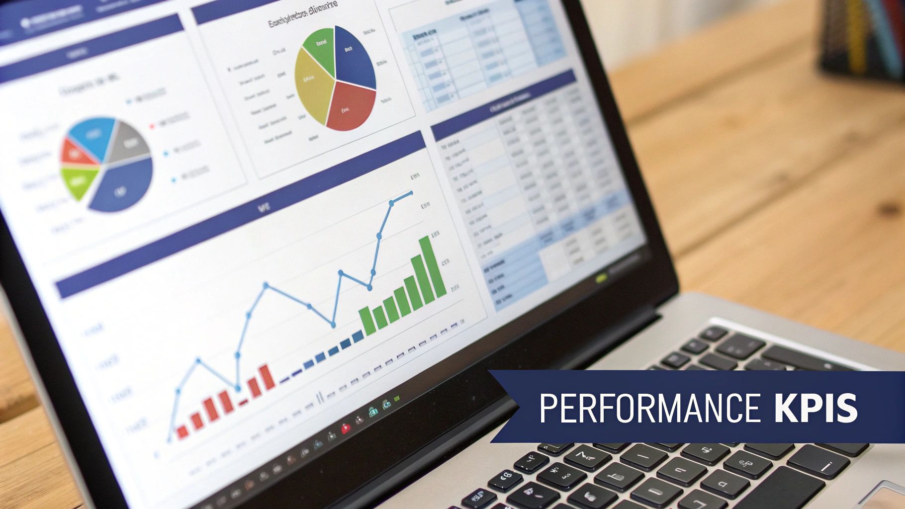 A laptop shows a dashboard with pie charts, bar graphs, and line charts representing performance KPIs.