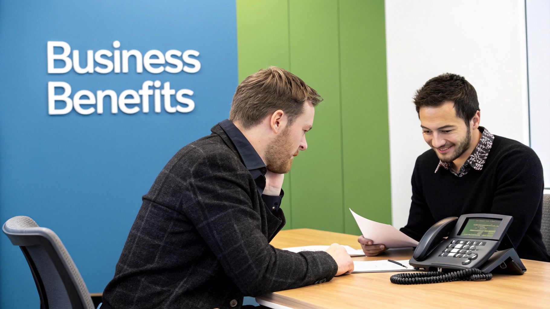 Two businessmen discuss documents at a modern office desk with a desk phone and 'Business Benefits' sign.