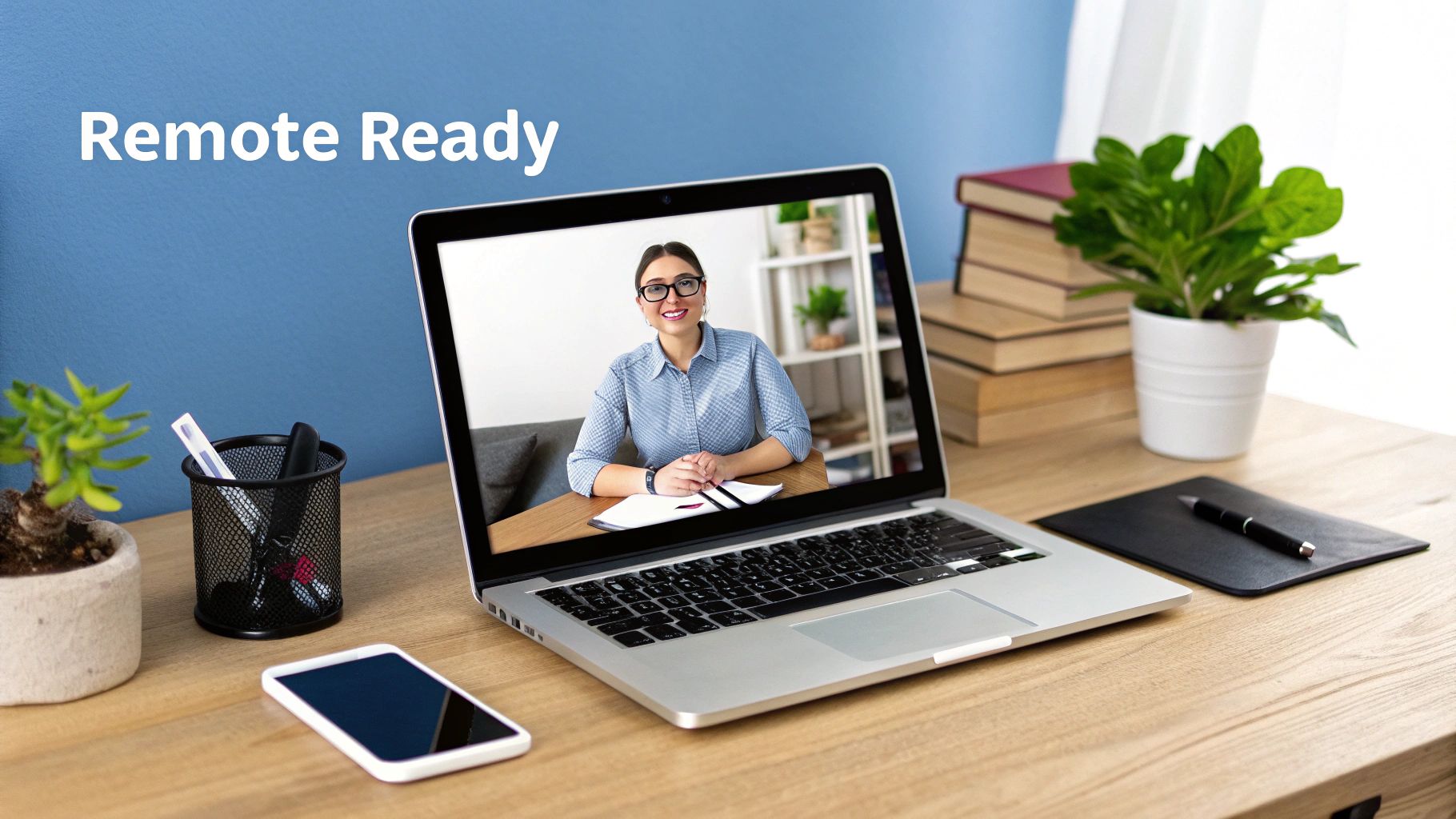 A laptop on a wooden desk displaying a woman on a video call, alongside a smartphone and office supplies.