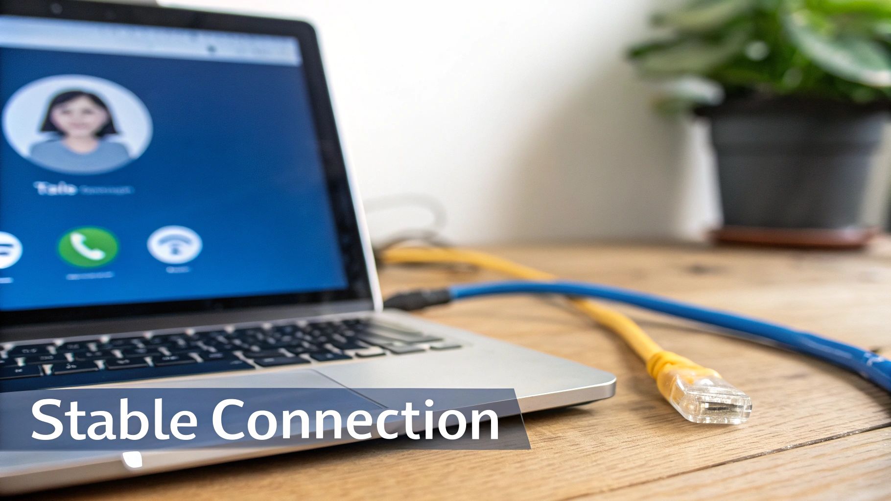 Laptop displaying a video call with a user profile, alongside blue and yellow ethernet cables on a wooden desk, symbolizing a stable internet connection.