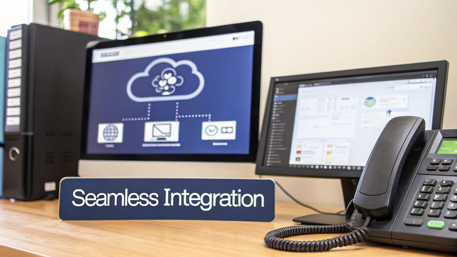 Office desk with monitors displaying cloud integration, a computer tower, a desk phone, and a 'Seamless Integration' sign.