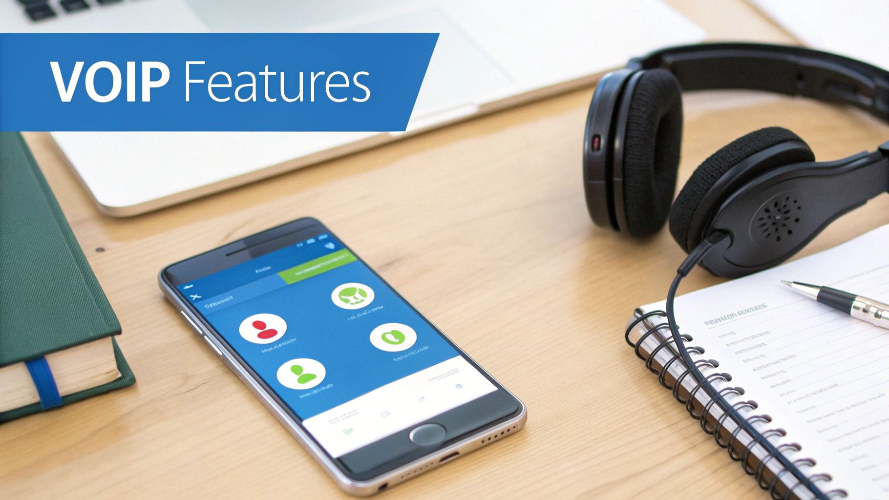 A desk with a smartphone showing VOIP features app, headphones, laptop, and notebook.