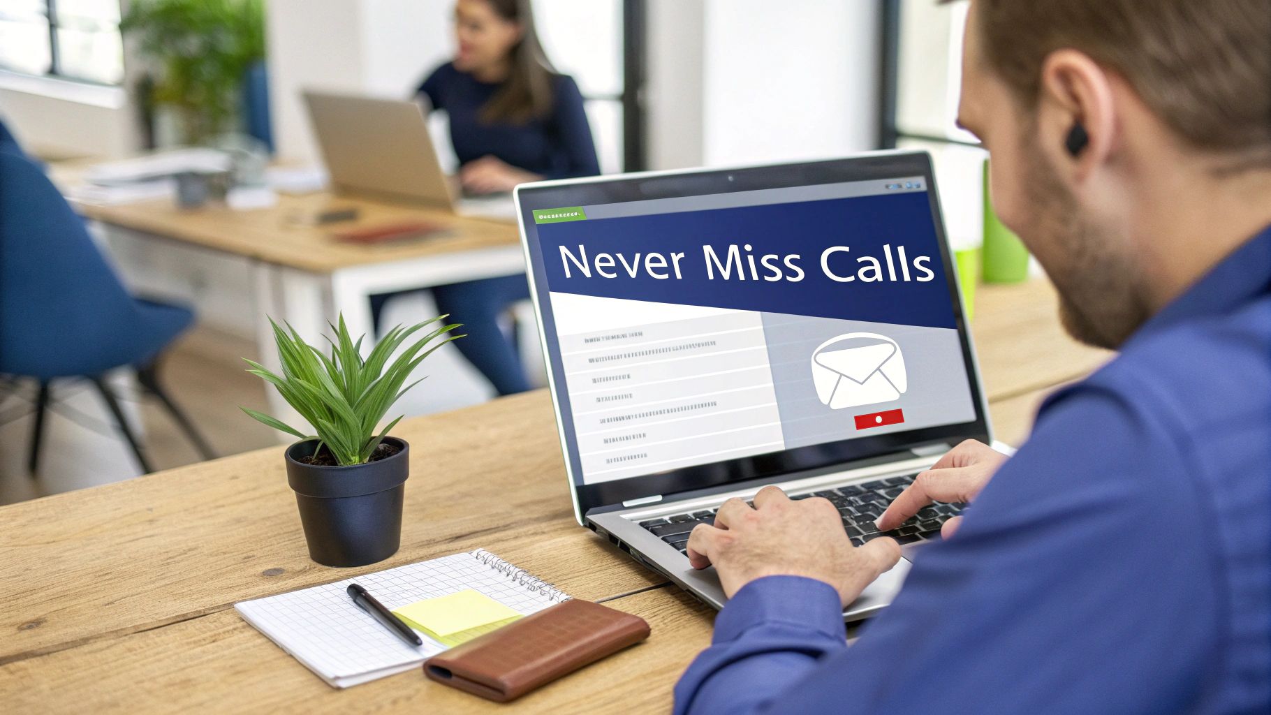 A person works on a laptop showing 'Never Miss Calls' and an email icon, suggesting voicemail management.