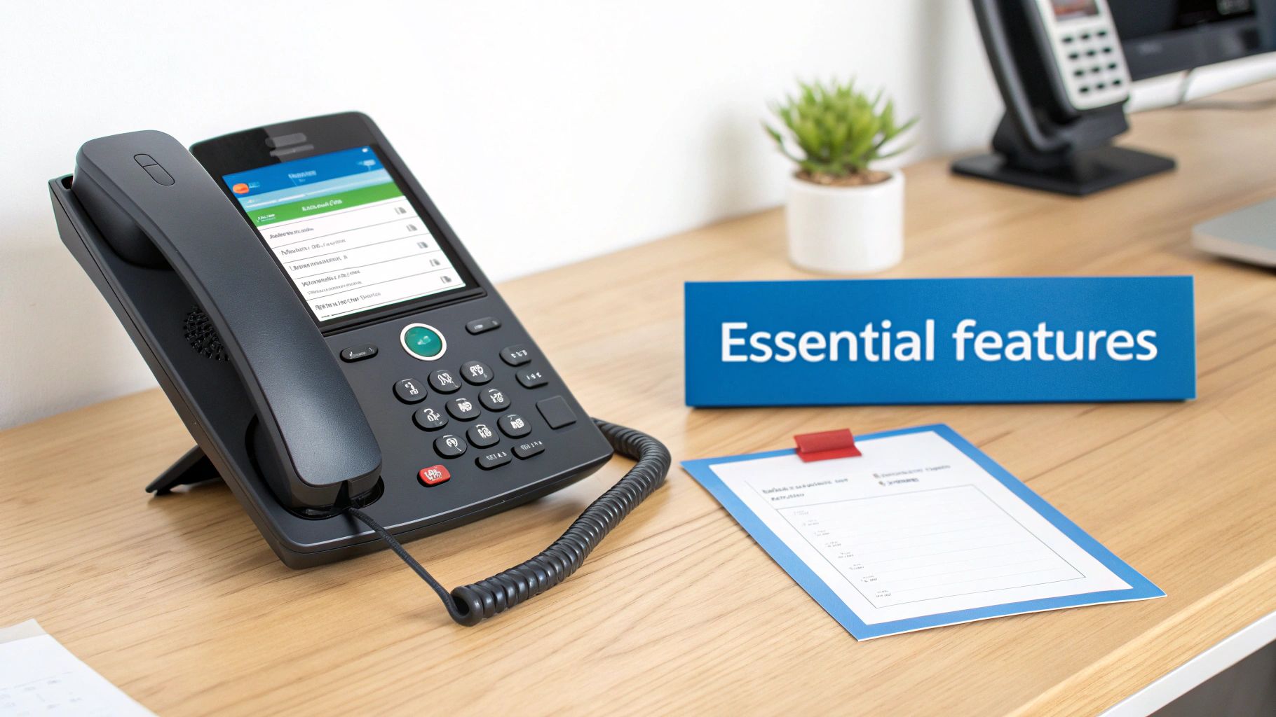 A black VoIP desk phone with a screen, a blue sign 'Essential features', and a notepad on a wooden desk.
