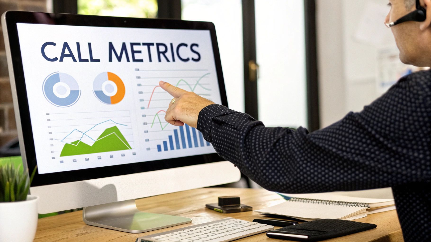 A man wearing a headset points to a computer screen displaying 'CALL METRICS' with various graphs.