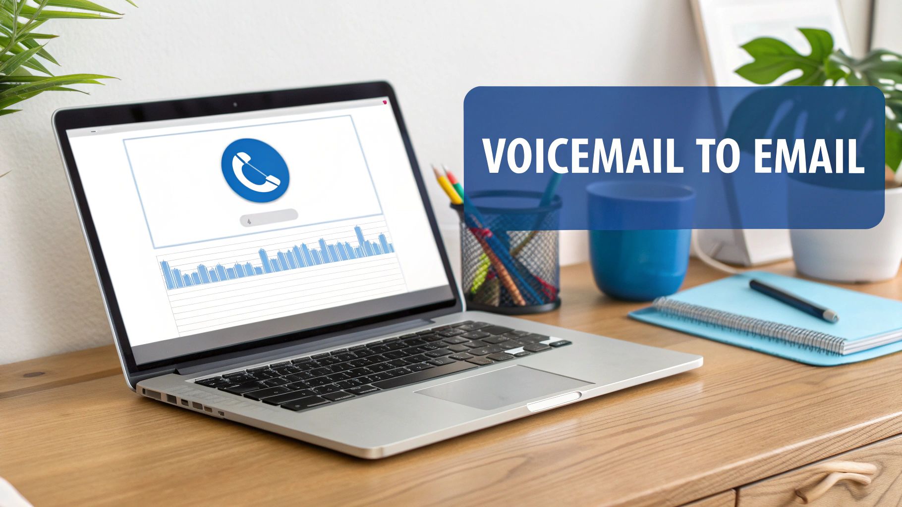 Laptop screen shows a voicemail player with a 'VOICEMAIL TO EMAIL' overlay on a wooden desk.