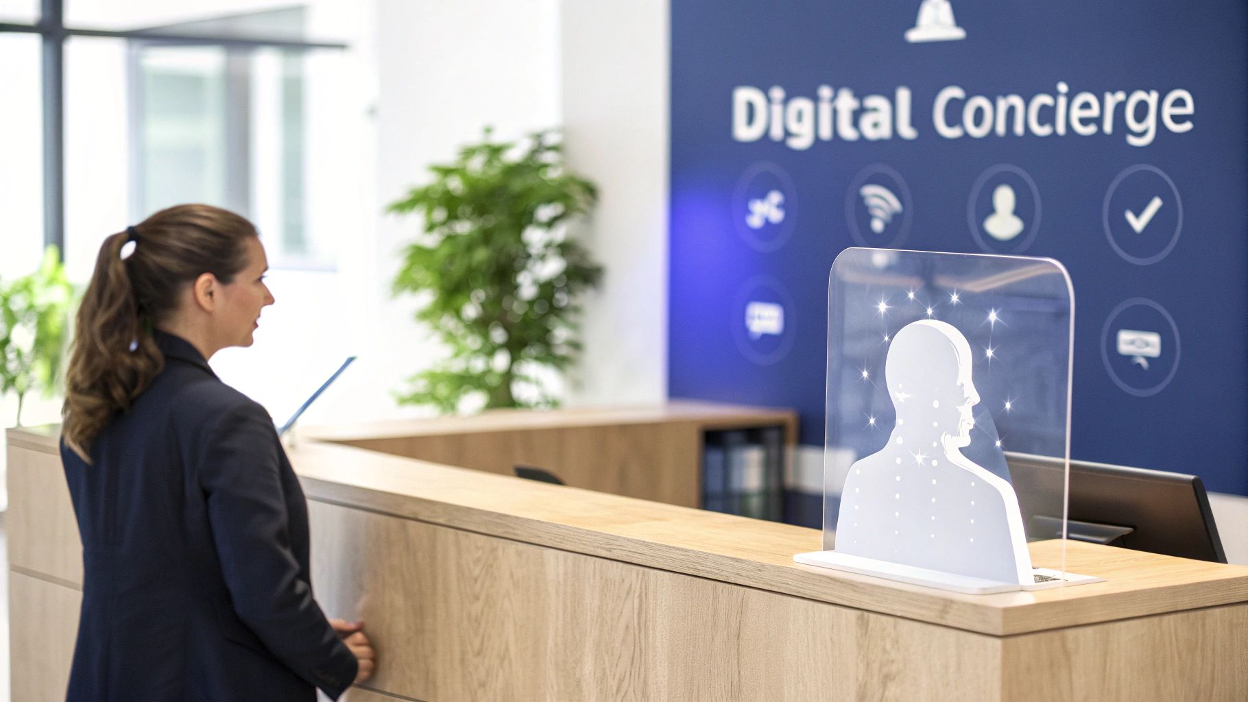 A woman stands at a reception desk facing a "Digital Concierge" AI display.