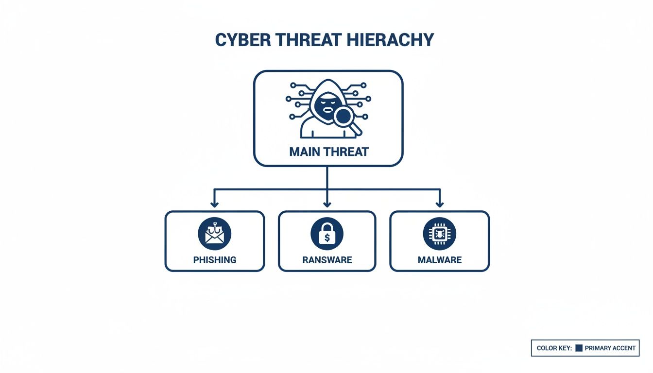 Cyber threat hierarchy diagram showing main threat with phishing, ransware, and malware categories.