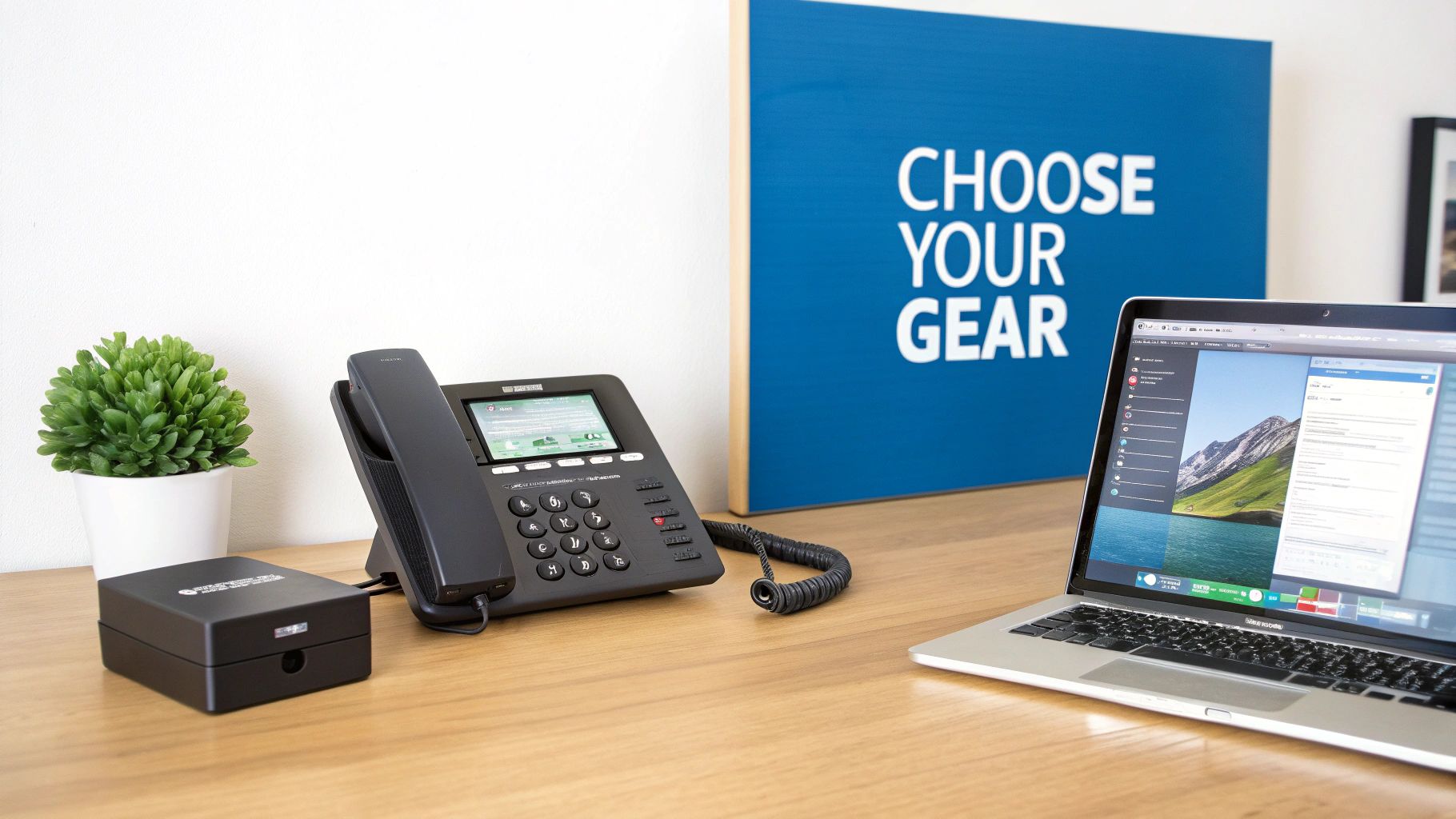 A modern office desk setup with a black VoIP phone, an open laptop, and a potted plant.