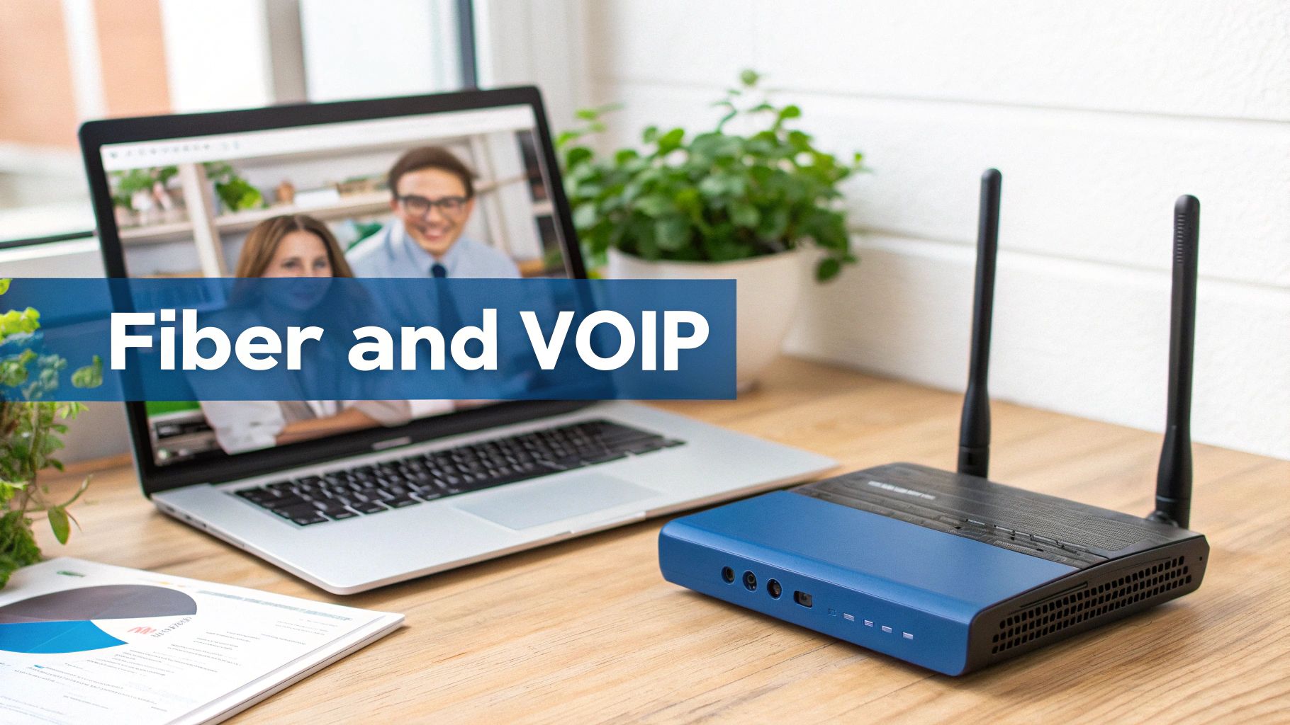 Desk setup with a laptop displaying a video call and a router, illustrating fiber optic internet and VOIP communication.