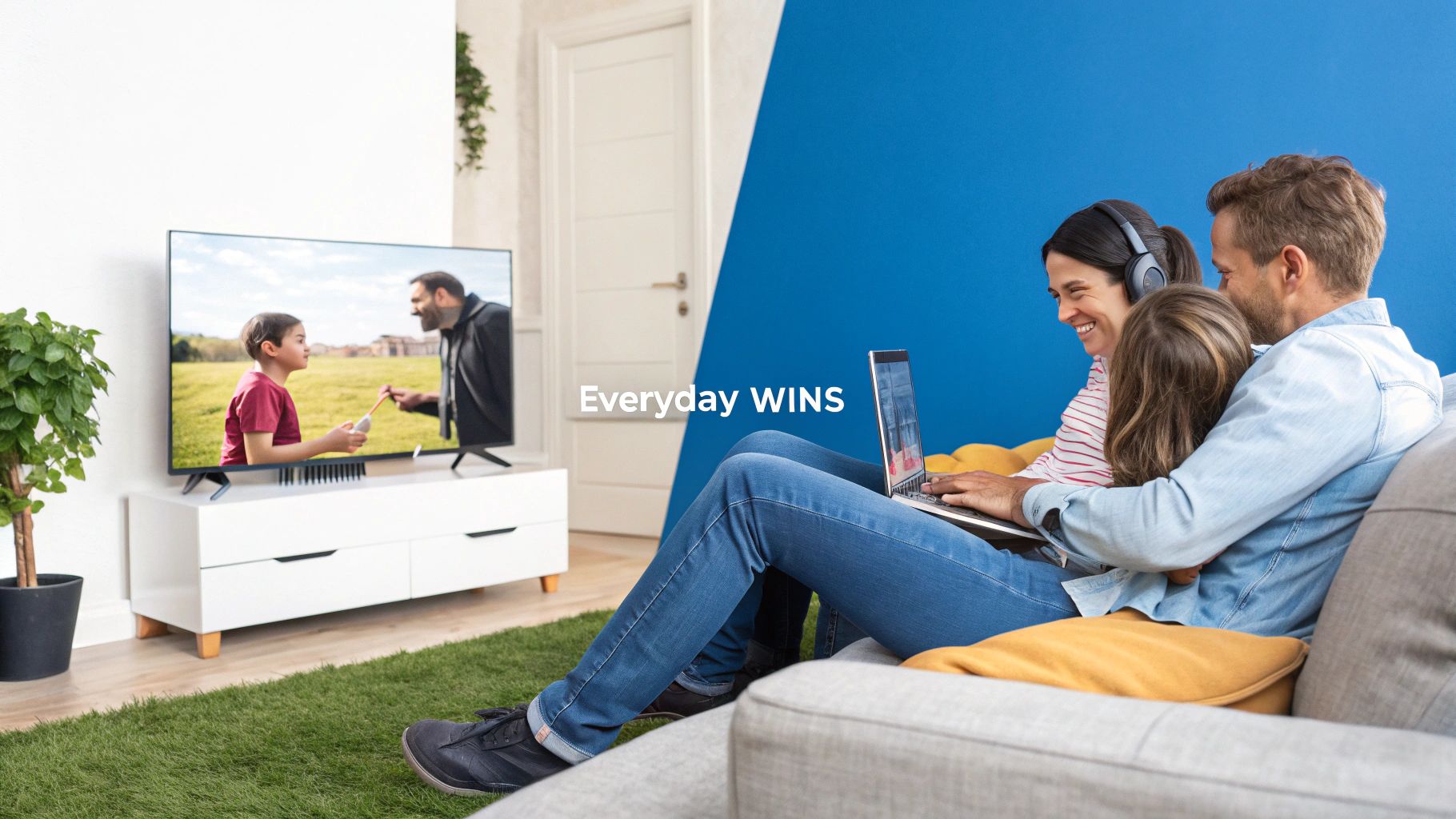 A family enjoys home entertainment: TV showing a father and son, and a mother using a laptop on the couch.
