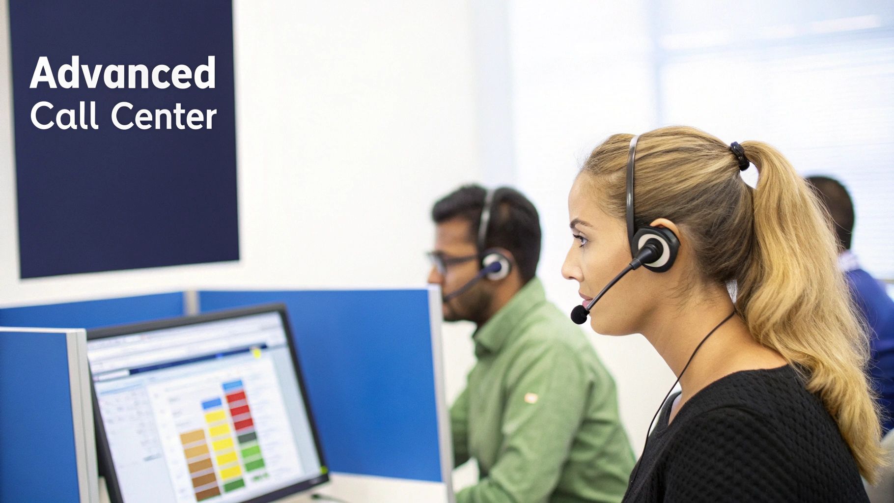 A female call center agent wears a headset, looking at a computer in a modern office.