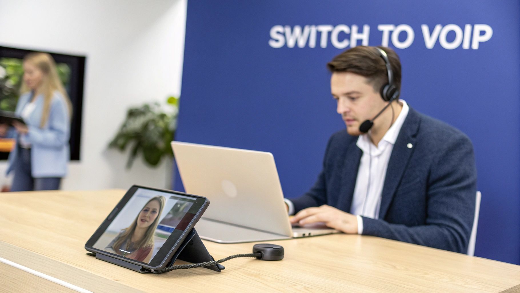 Man in a headset on a laptop with a tablet displaying a video call, "Switch to VoIP" sign.