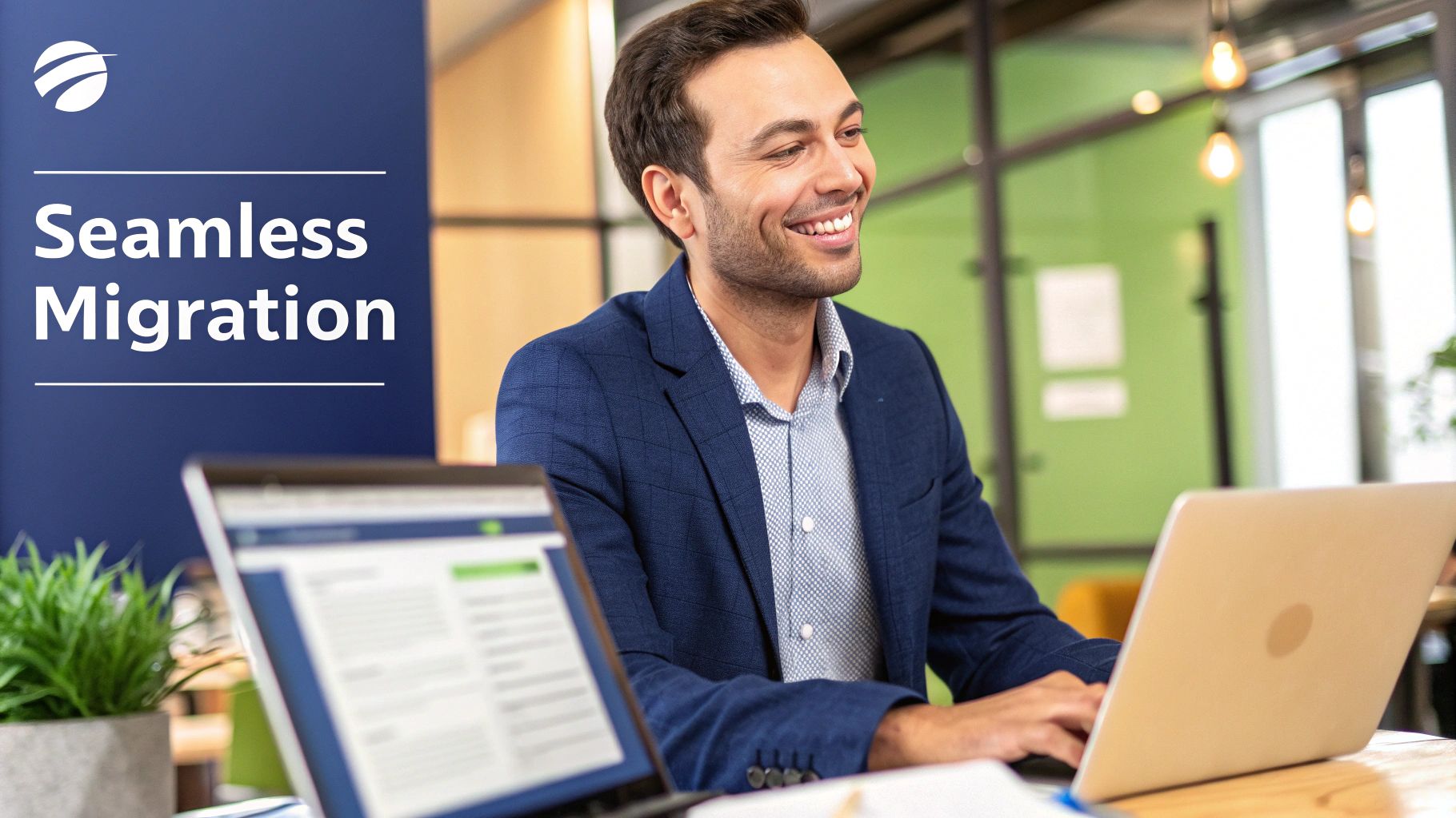 A smiling man in a blue blazer works on a laptop in an office, symbolizing seamless migration.