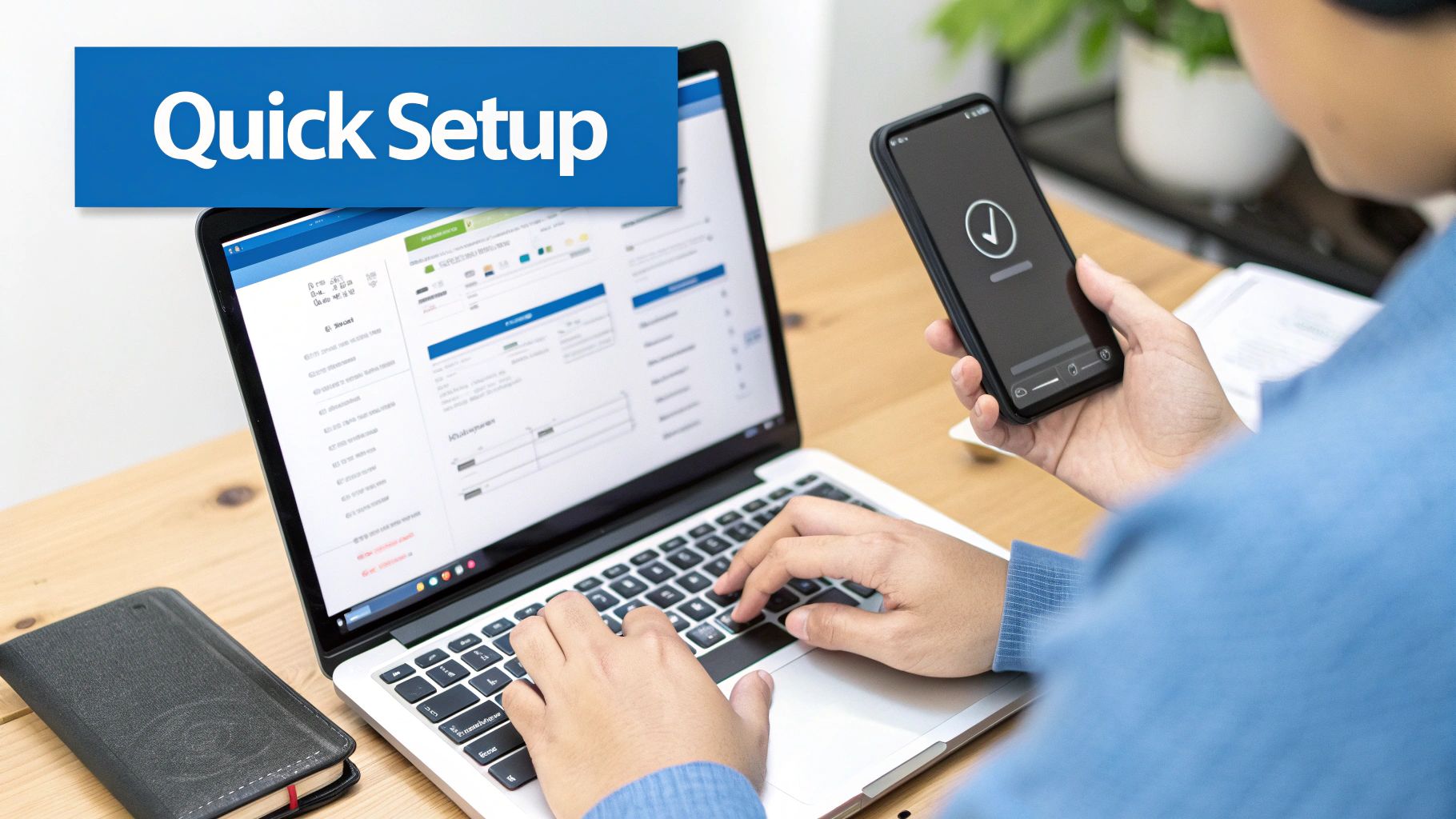 A person setting up their VoIP text messaging service on a laptop and mobile phone.