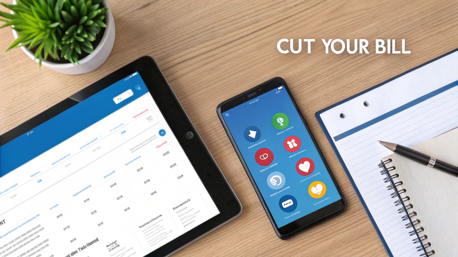 Overhead view of a tablet, smartphone, notepad, and plant on a wooden desk, with 'CUT YOUR BILL' text.