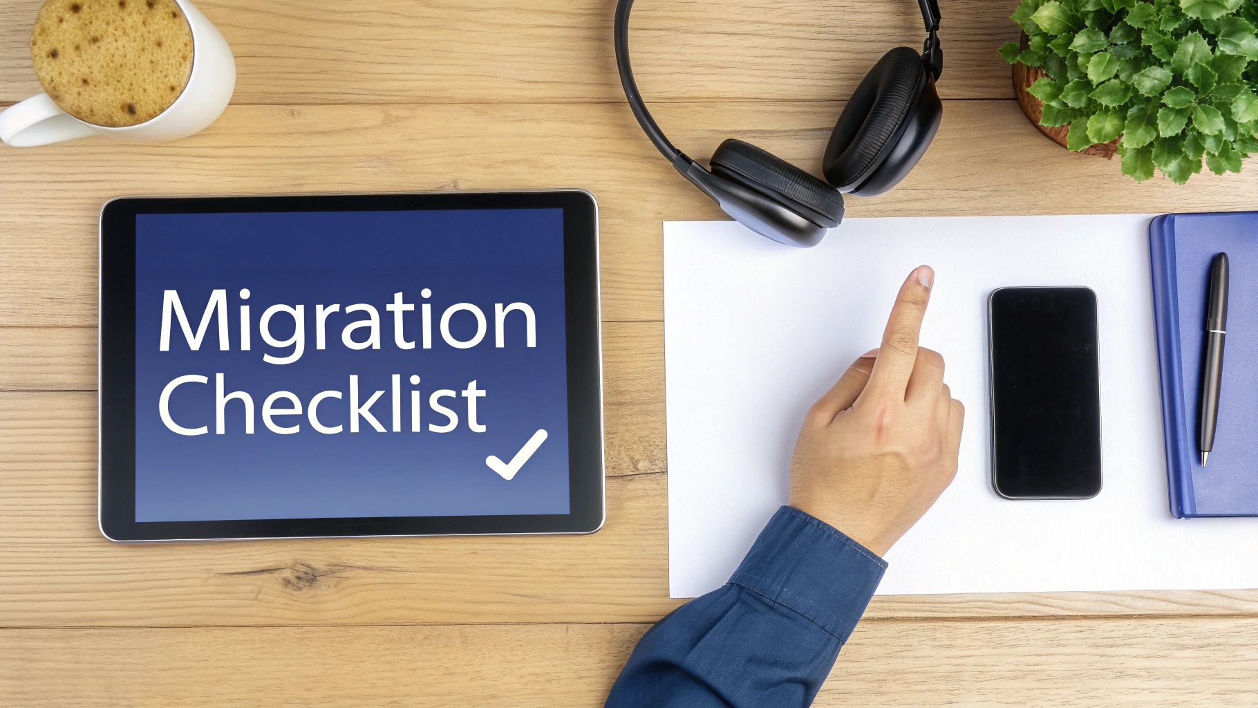 Overhead view of a modern workspace with a tablet showing 'Migration Checklist', coffee, headphones, and a hand pointing.