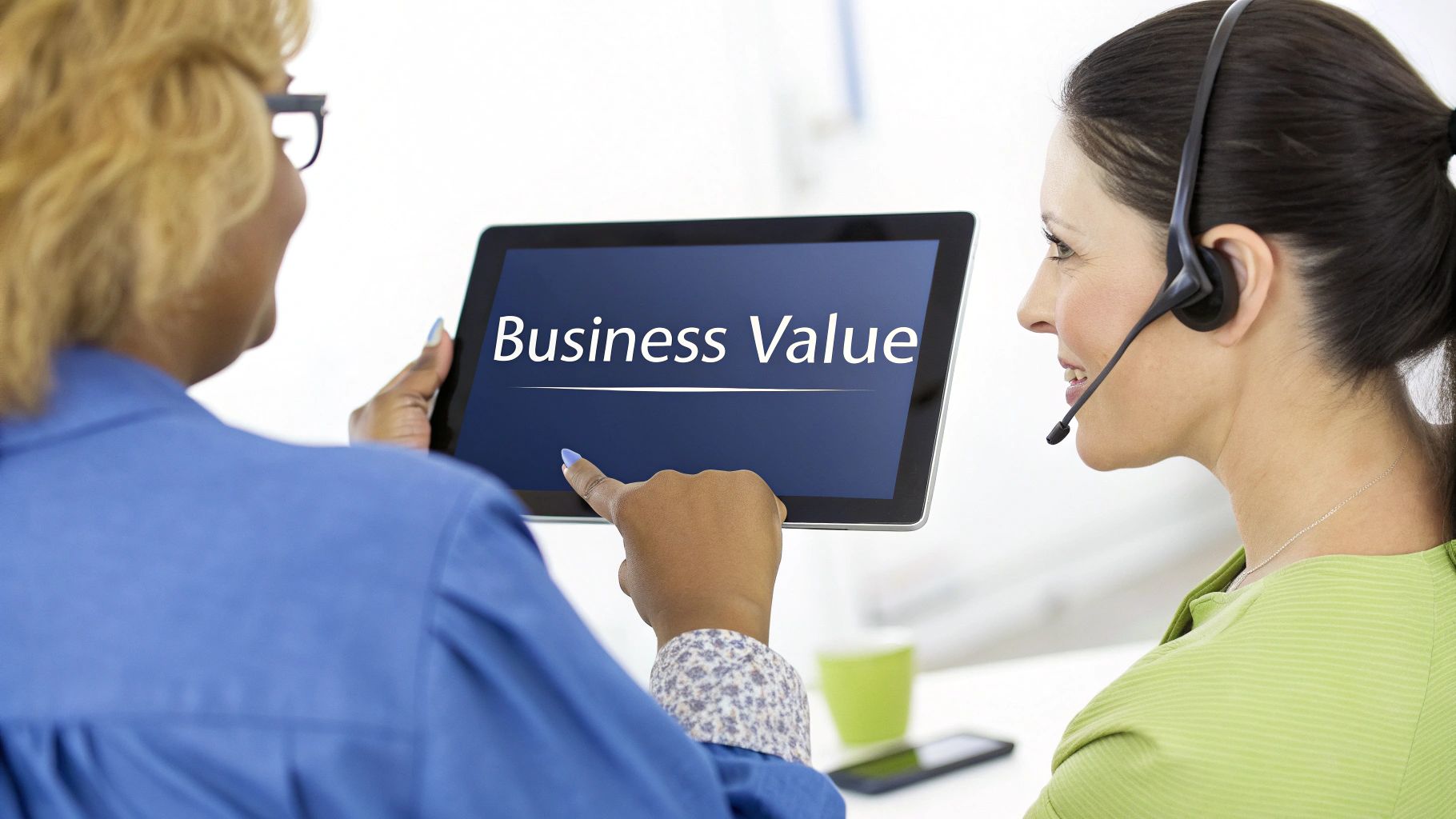 Two businesswomen discussing 'Business Value' on a tablet, one wearing a customer support headset.
