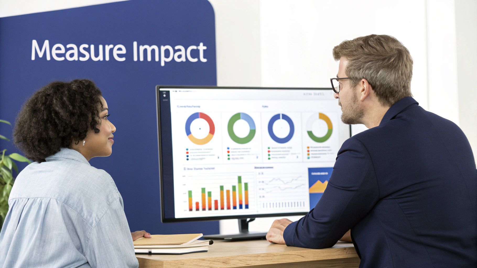 Two colleagues review performance metrics and data visualizations on a monitor in an office.