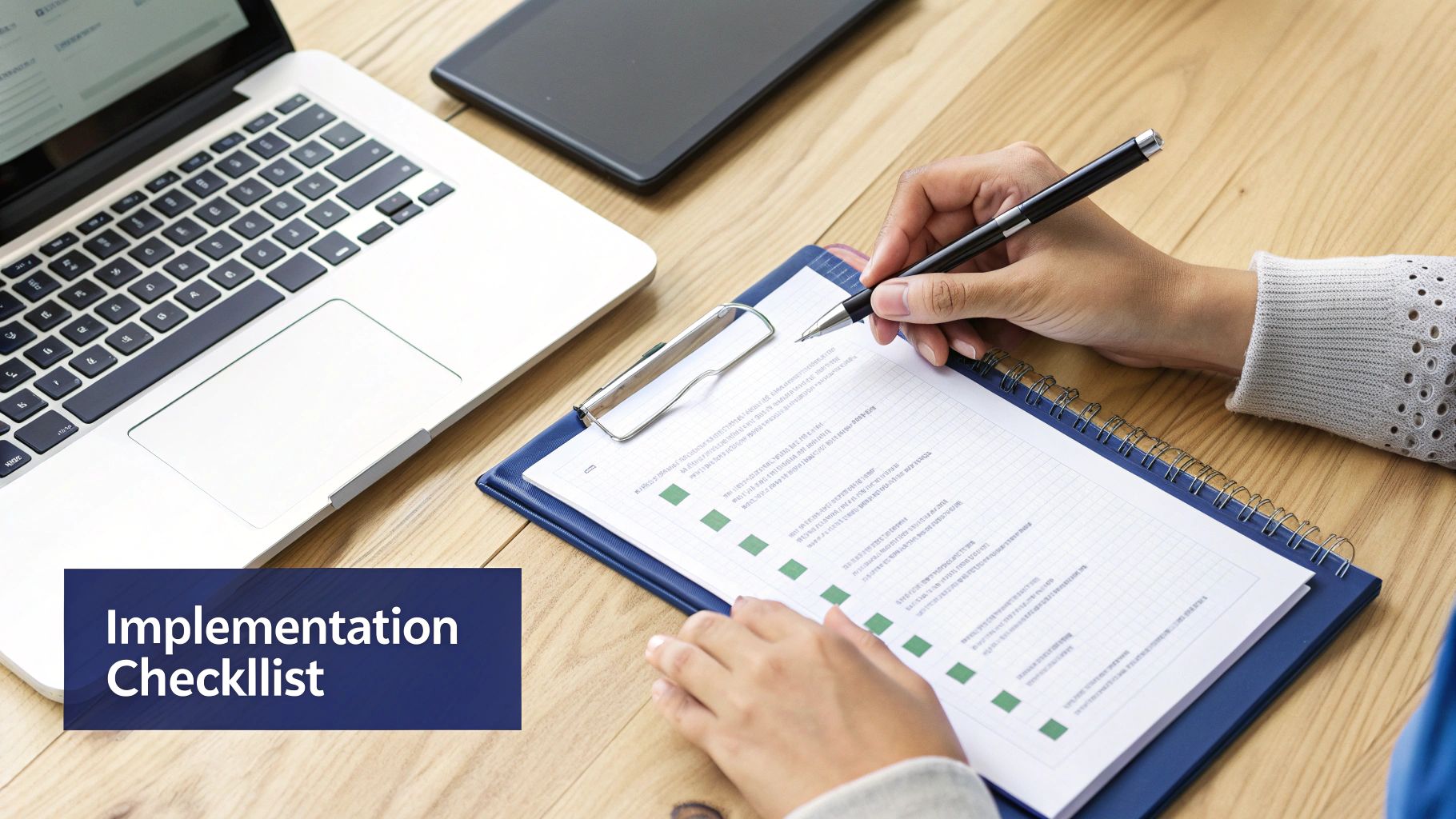 A person's hands writing on an implementation checklist on a clipboard next to a laptop.