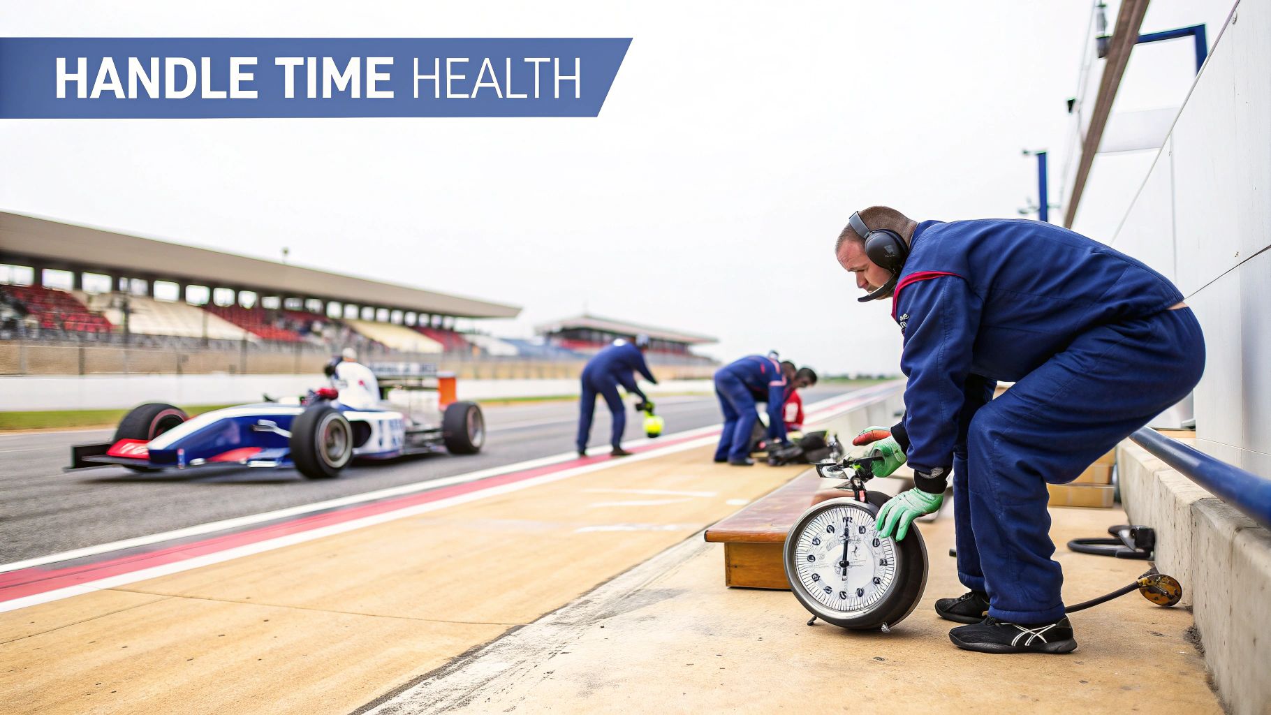 A pit crew member in blue overalls and headphones measures time with a large dial during a race.