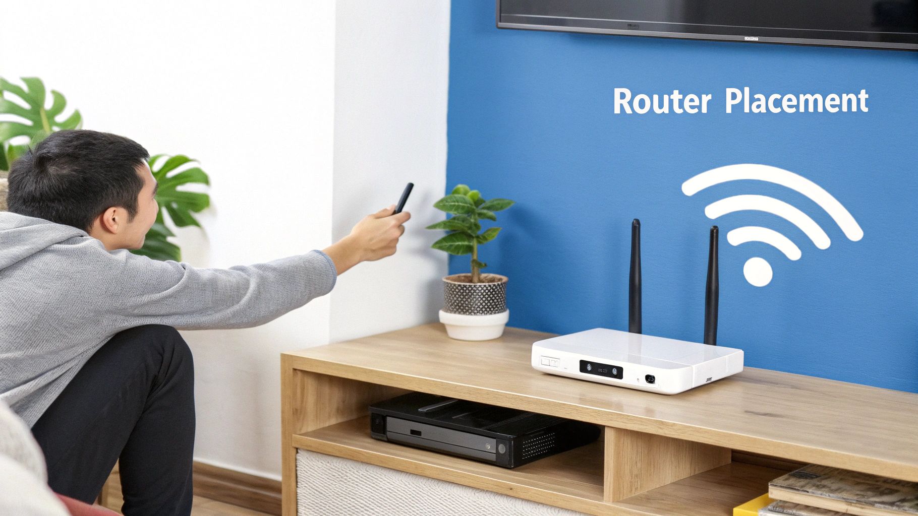 A person aiming a smartphone at a white Wi-Fi router on a TV stand, illustrating optimal router placement.