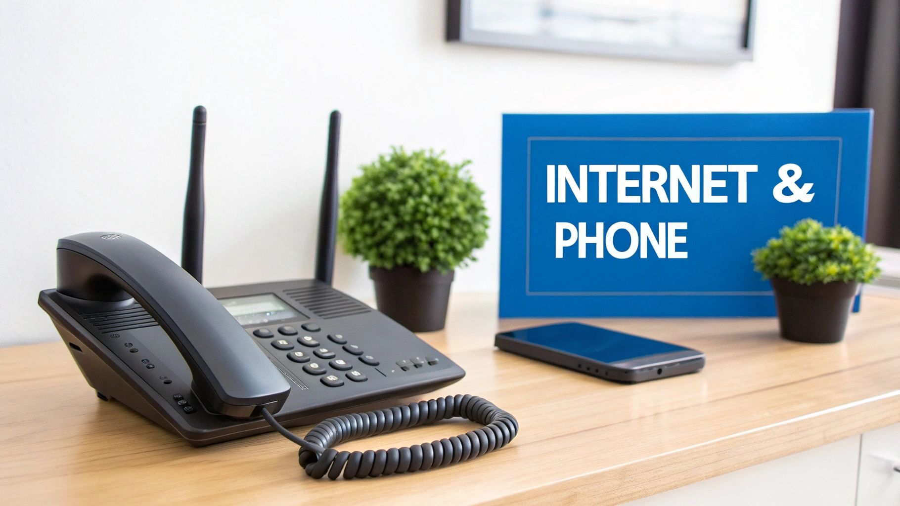 A landline phone, internet router, and smartphone on a wooden desk with an 'Internet & Phone' sign.