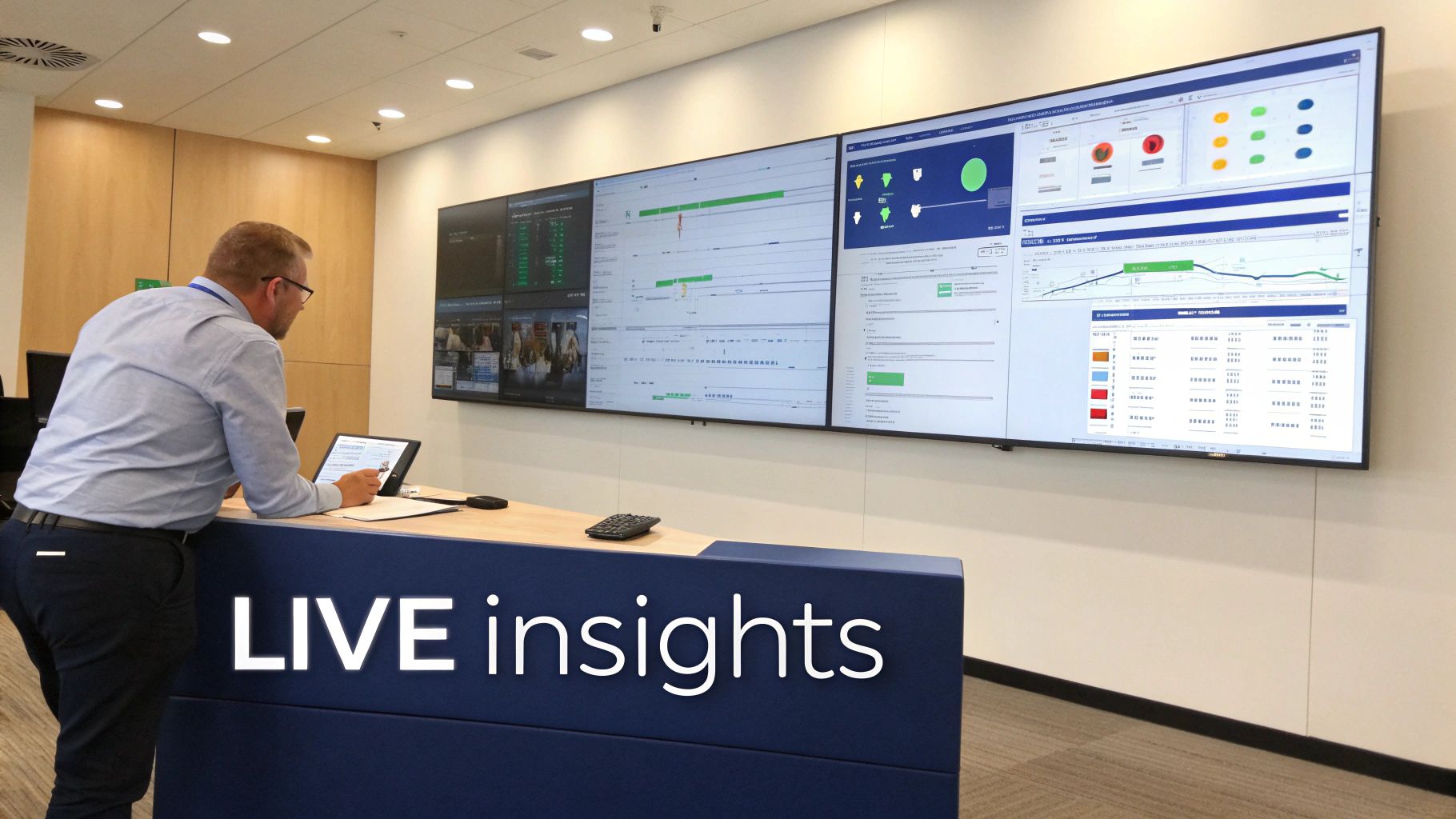 Man reviews data on a tablet in front of a large multi-screen display wall showing live insights.