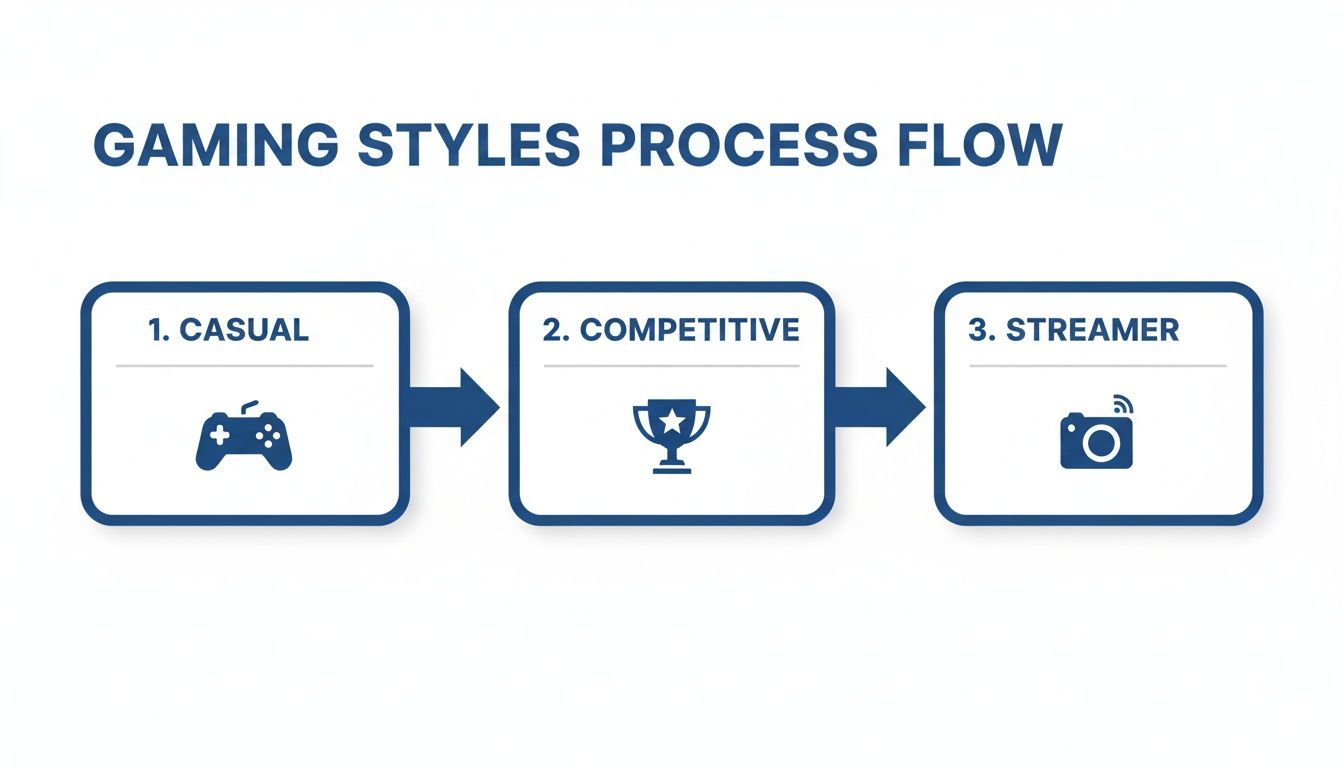 A flow chart illustrating three distinct gaming styles: casual, competitive, and streamer, with respective icons.
