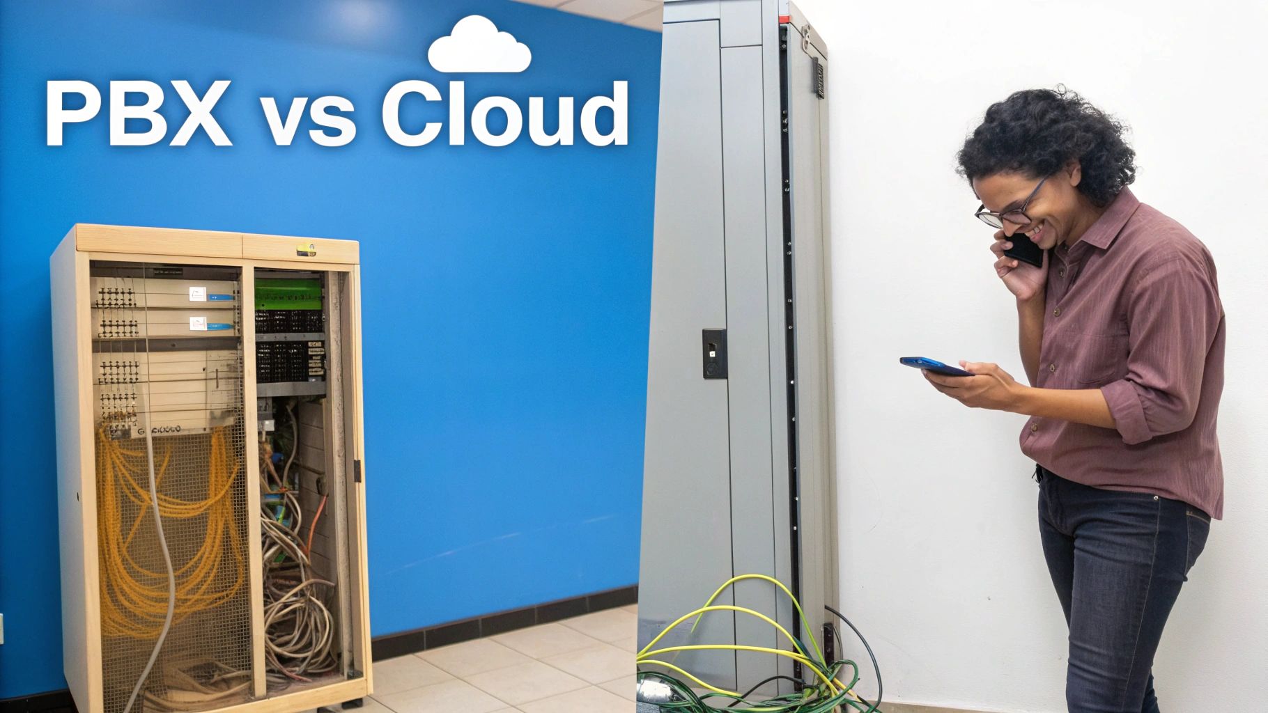 PBX versus Cloud phone systems comparison with an old PBX and a man with smartphones.