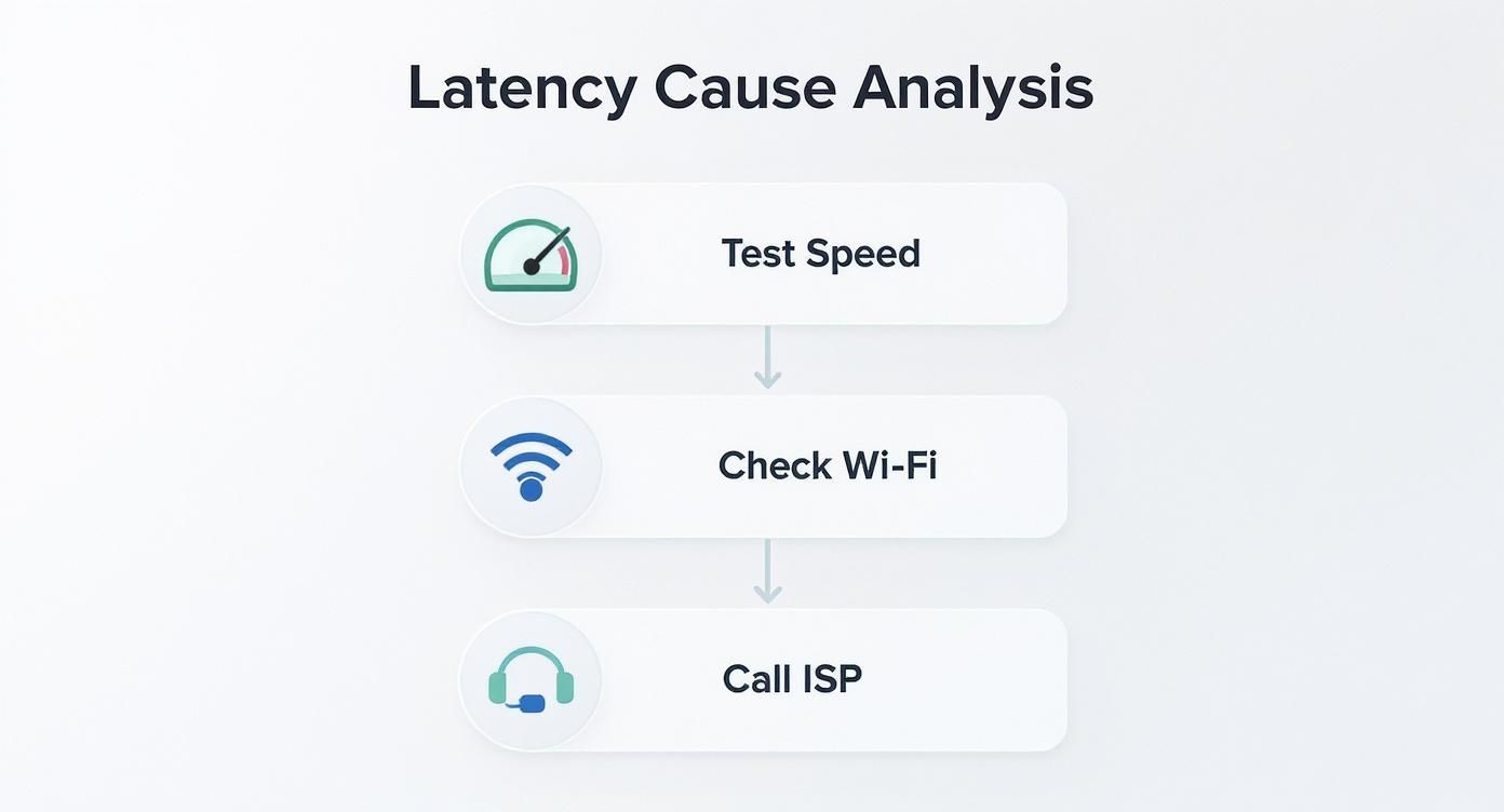 Flowchart showing three steps to diagnose latency issues: test speed, check Wi-Fi, and call ISP