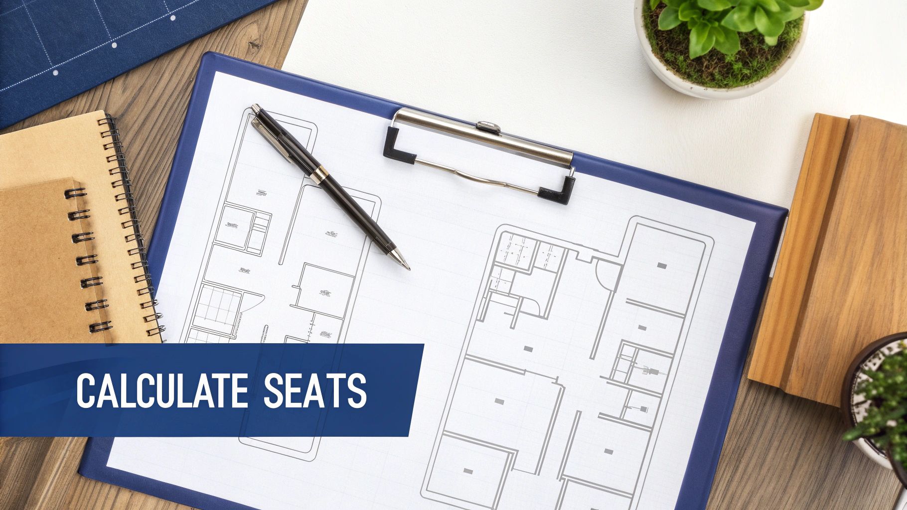Overhead shot of a desk with blueprints, a pen, notebooks, and plants, with text 'CALCULATE SEATS'.